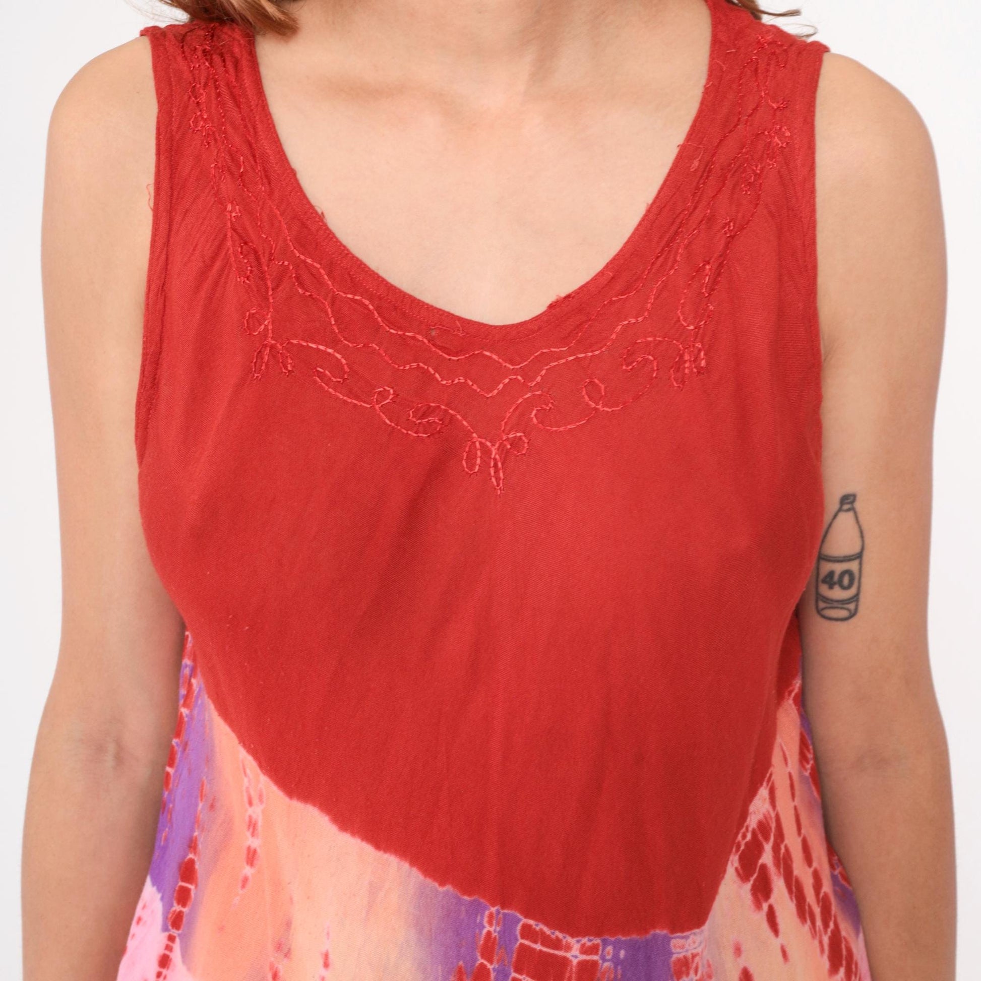 Y2K Tie Dye Mini Dress Red Pink Purple V Neck Sleeveless Medium
