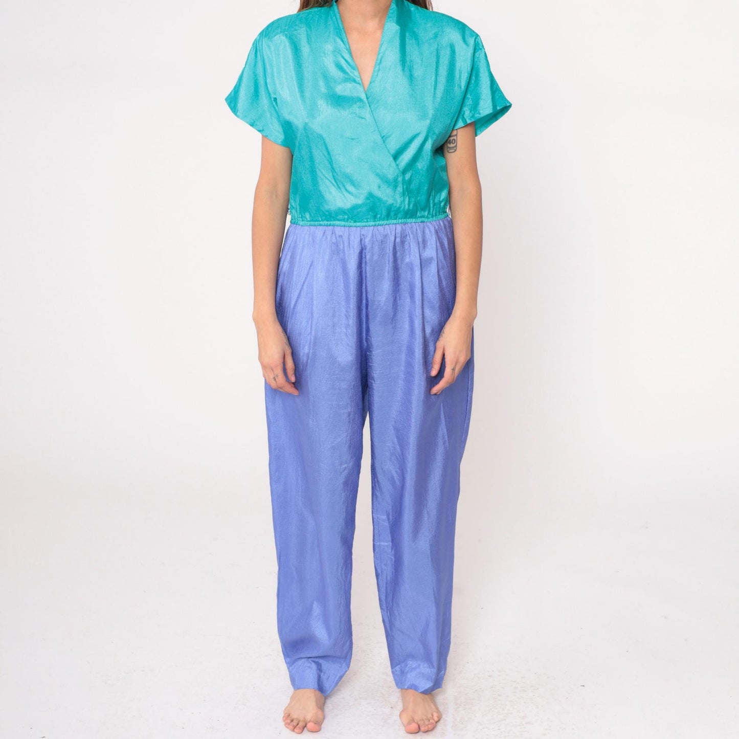 90s Joan Walters Colorblock Jumpsuit Teal Purple Wrap V-Neck Medium M