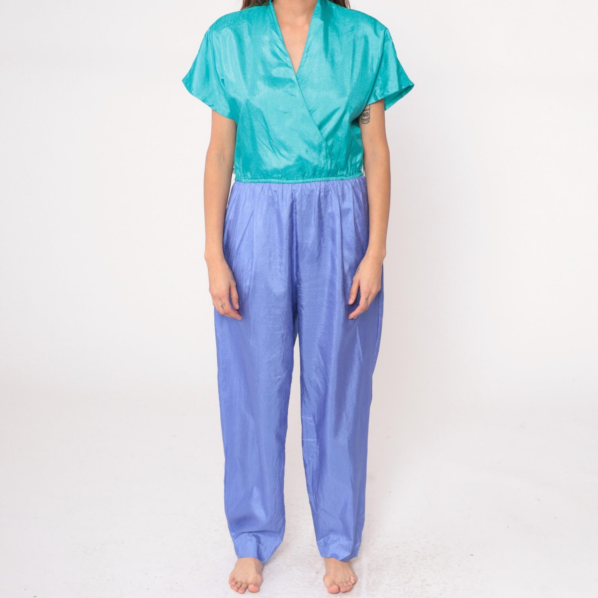 90s Joan Walters Colorblock Jumpsuit Teal Purple Wrap V-Neck Medium M