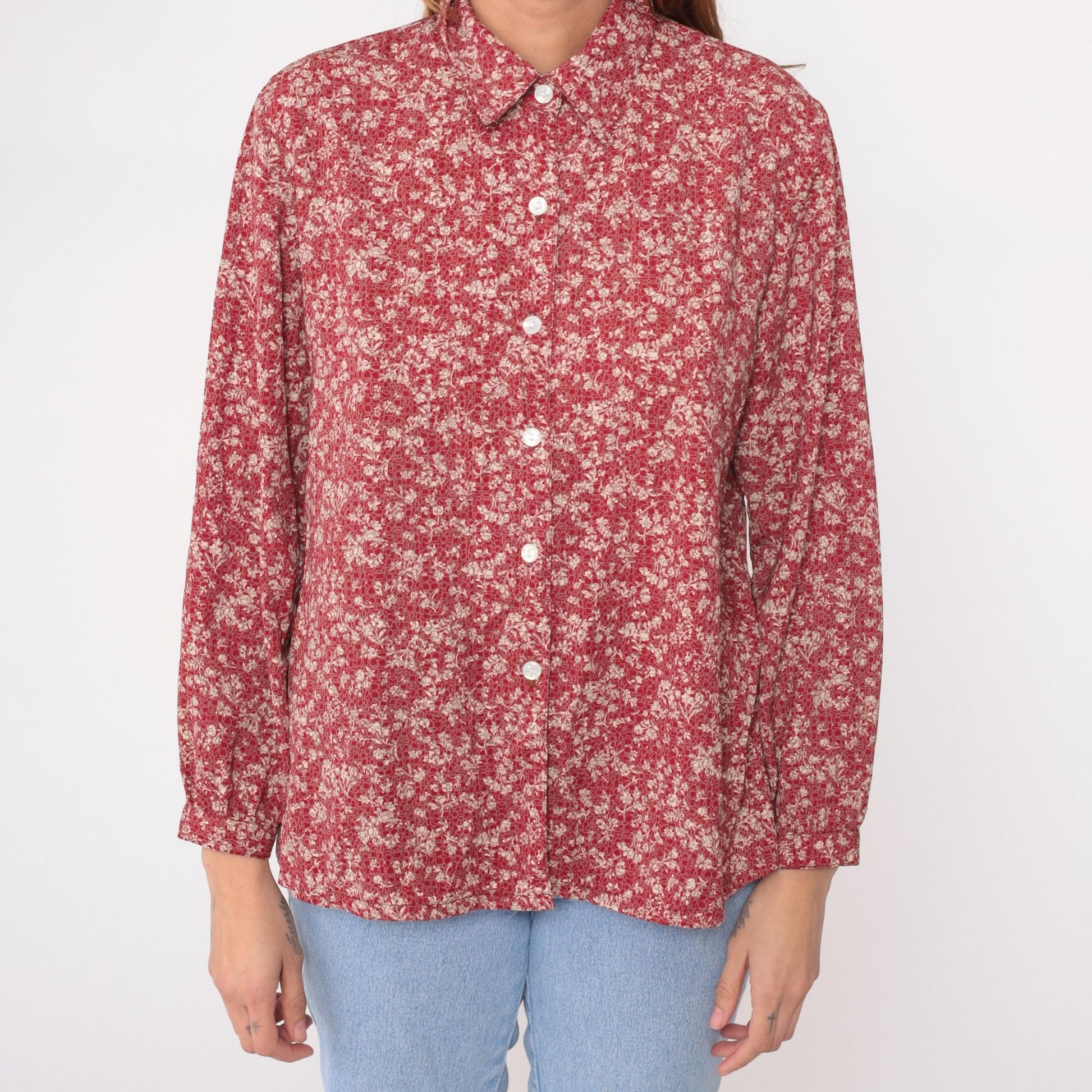 Y2K Burgundy Floral Button-Up Blouse TAK High Fashion Pointed Collar Large L