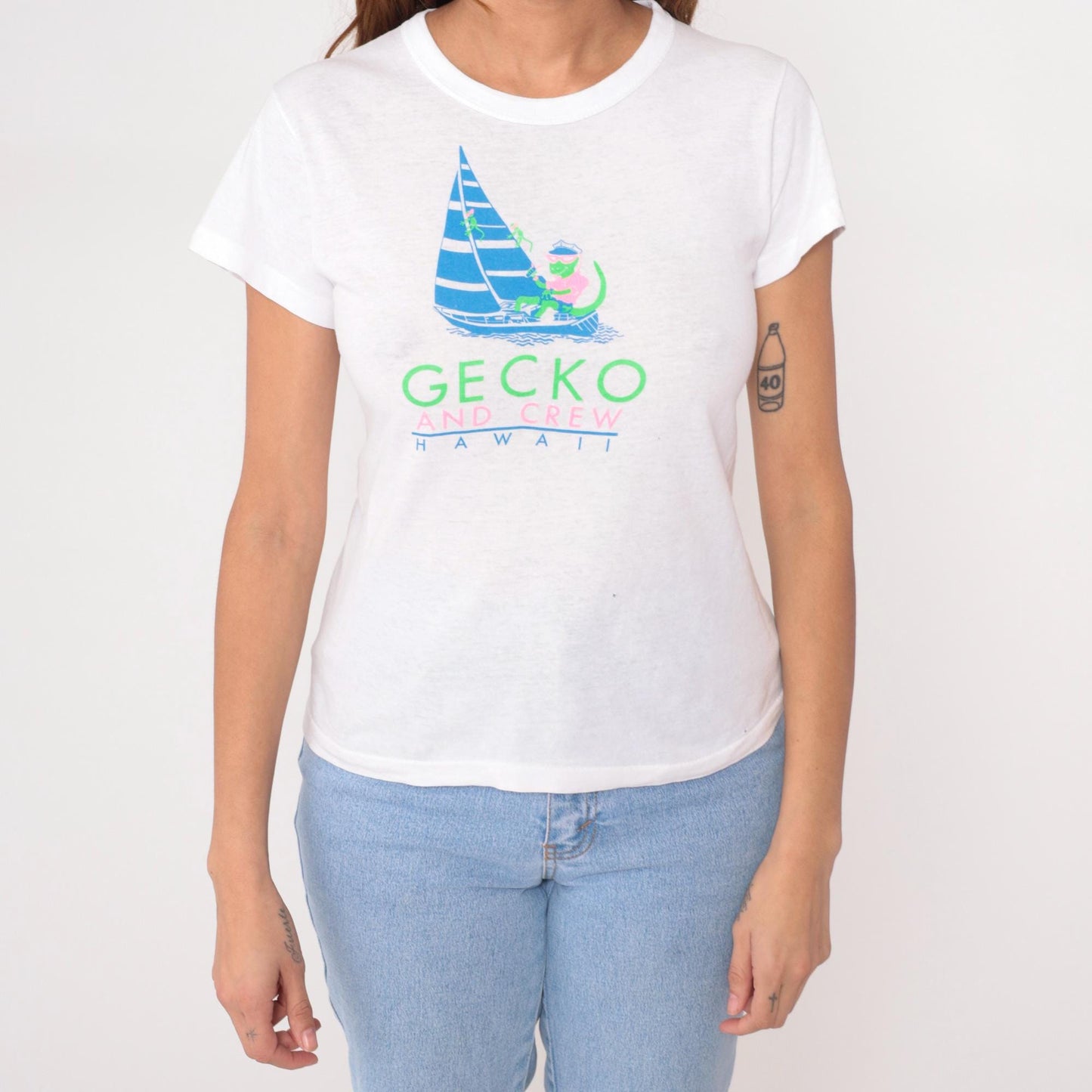80s Gecko Sailboat Hawaii Graphic Tee White Cotton Hanes Extra Large XL
