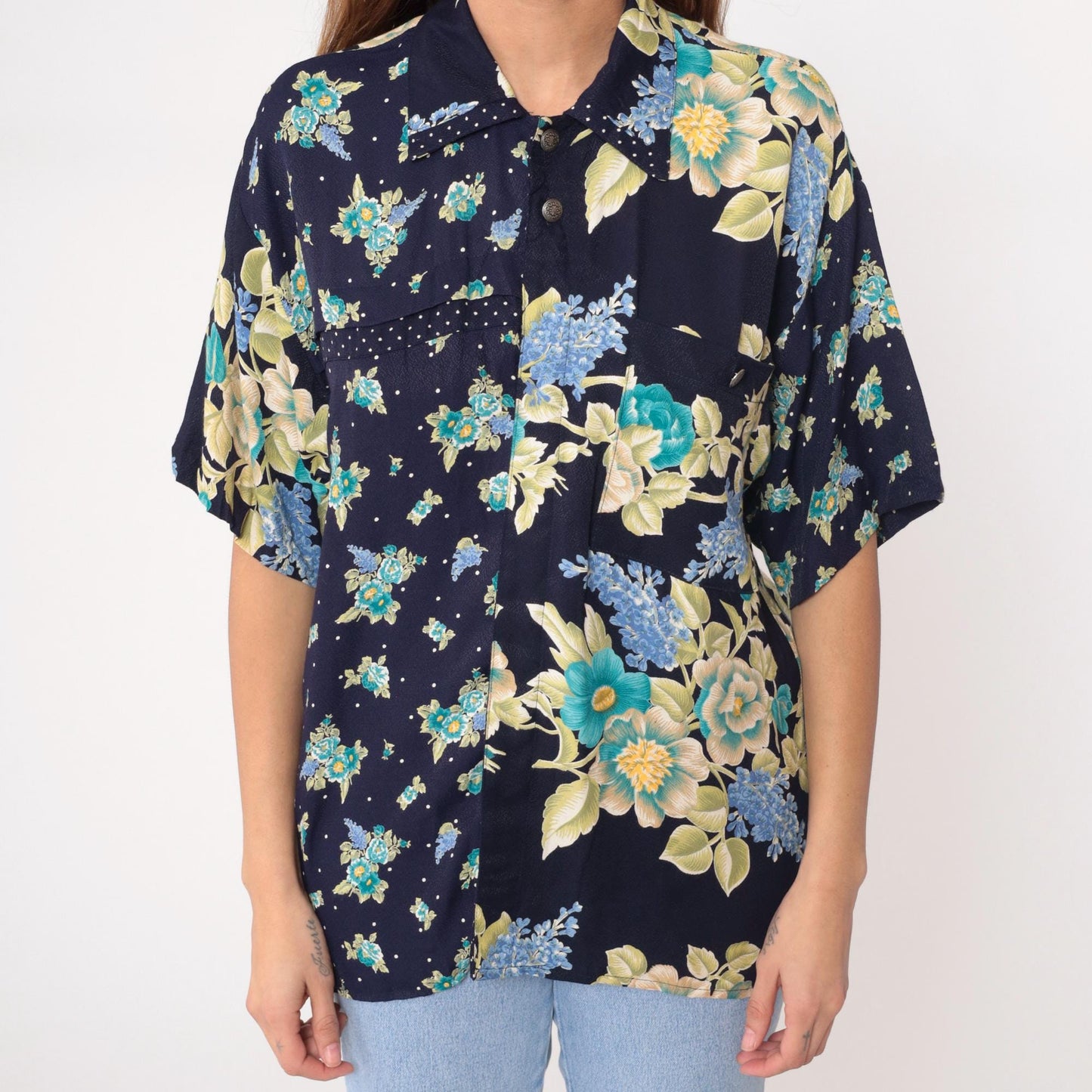 90s Navy Floral Rayon Blouse Turquoise Cream Yellow Flowers Short Sleeve Large