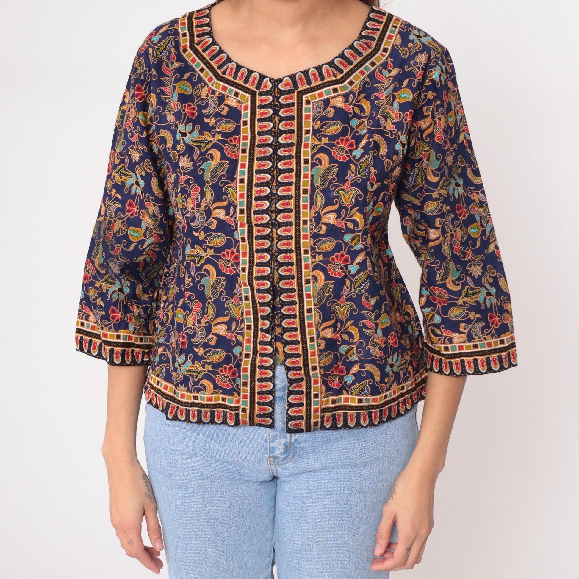 90s Navy Floral Paisley Cotton Blouse Geometric Trim Three Quarter Sleeve Small S