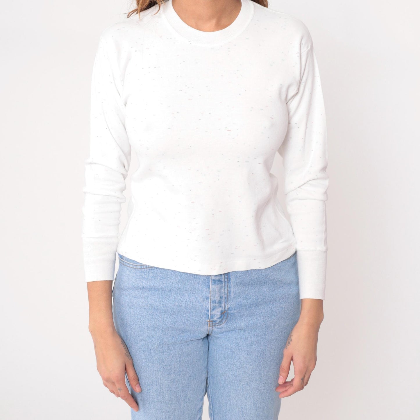 90s White Thermal Waffle Knit Crew Neck Long Sleeve Top Medium M