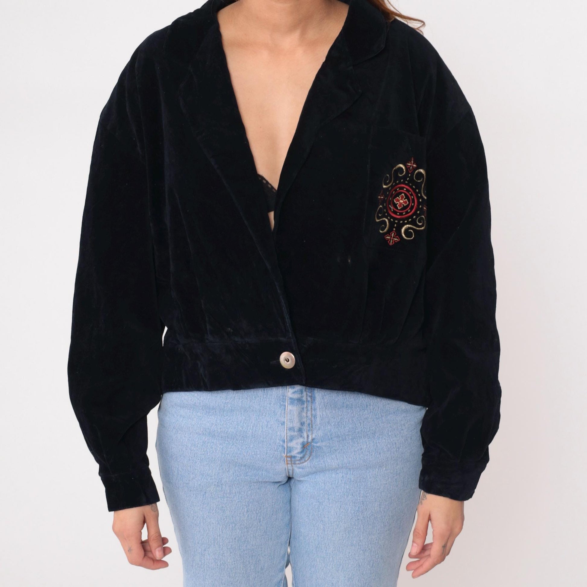 90s Evan Picone Black Velvet Cardigan Embroidered Gold Red Pink Medium M