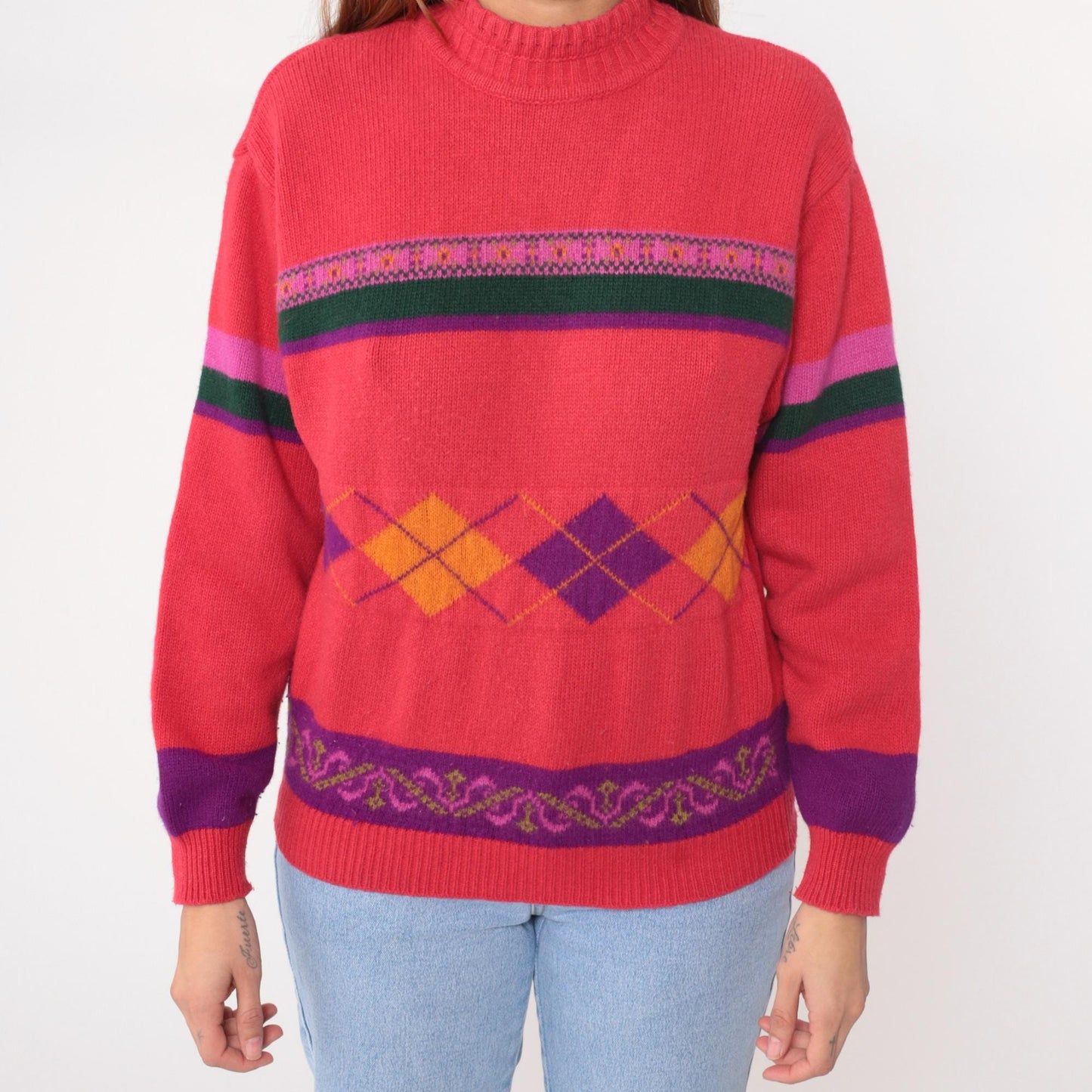 80s United Colors of Benetton Argyle Mock Neck Sweater Coral Pink Small S