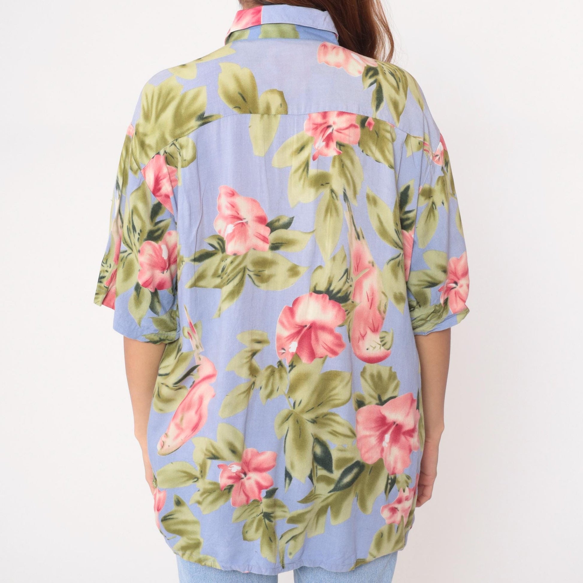 Y2K Floral Hawaiian Shirt Light Blue Pink Tropical Button-Up Large L