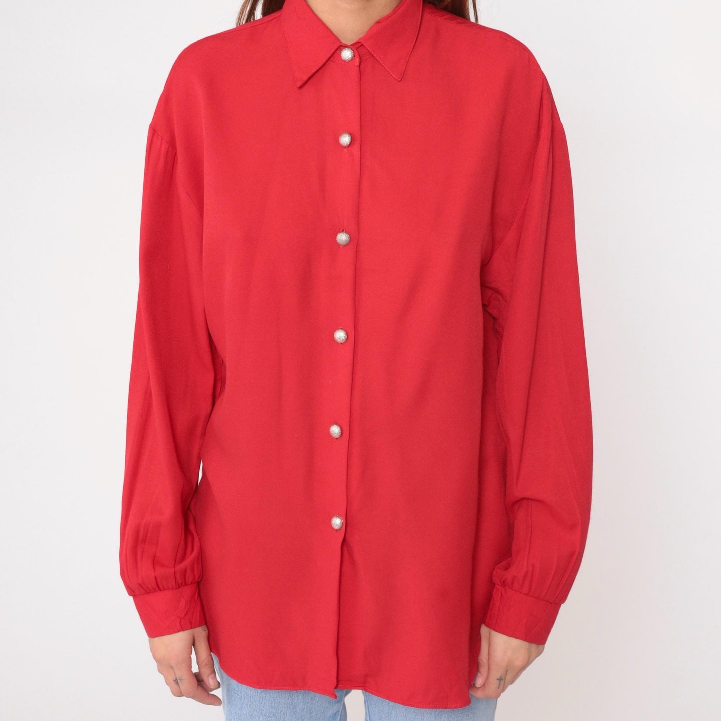 90s Jessica Stevens Coral Red Button-Up Shirt Pearl Snaps Medium M