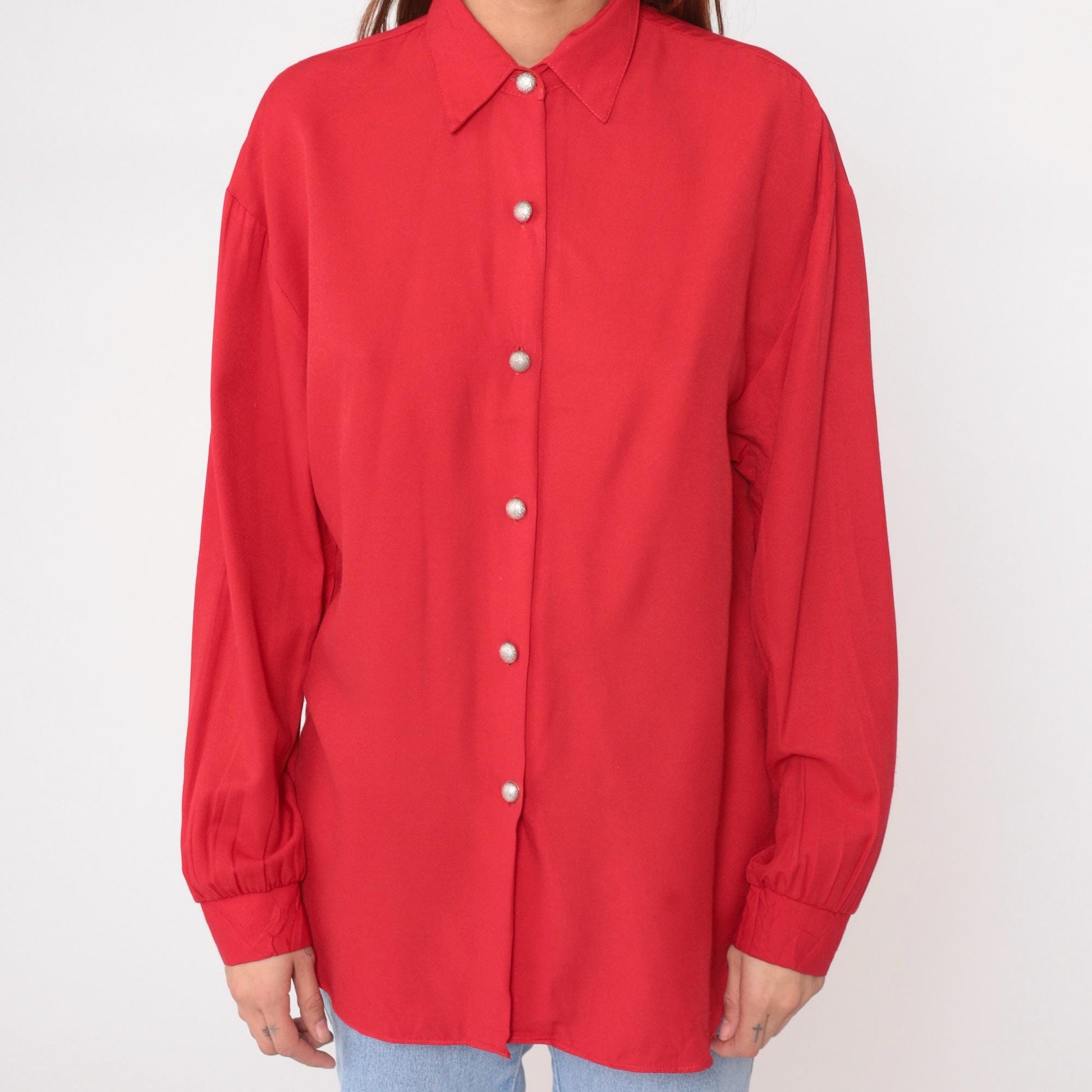 90s Jessica Stevens Coral Red Button-Up Shirt Pearl Snaps Medium M