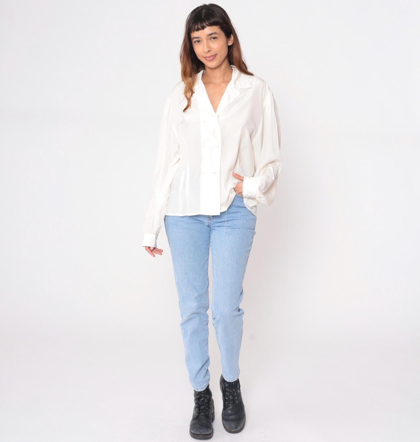 90s Alyssa Cream Button-Front Blouse Notched Collar Long Sleeve Large