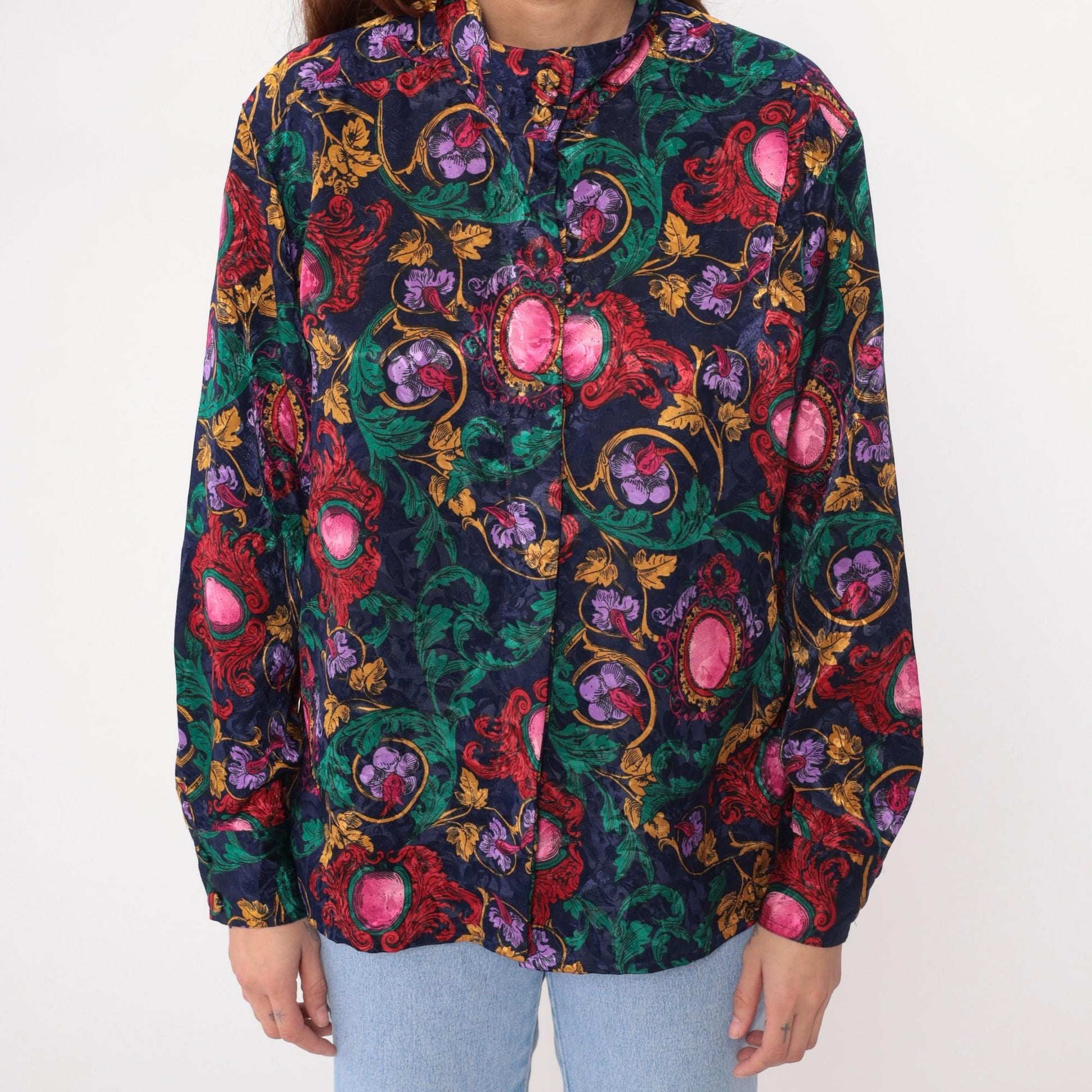 90s Tess Baroque Print Blouse Navy Gold Medallion Long Sleeve Large L