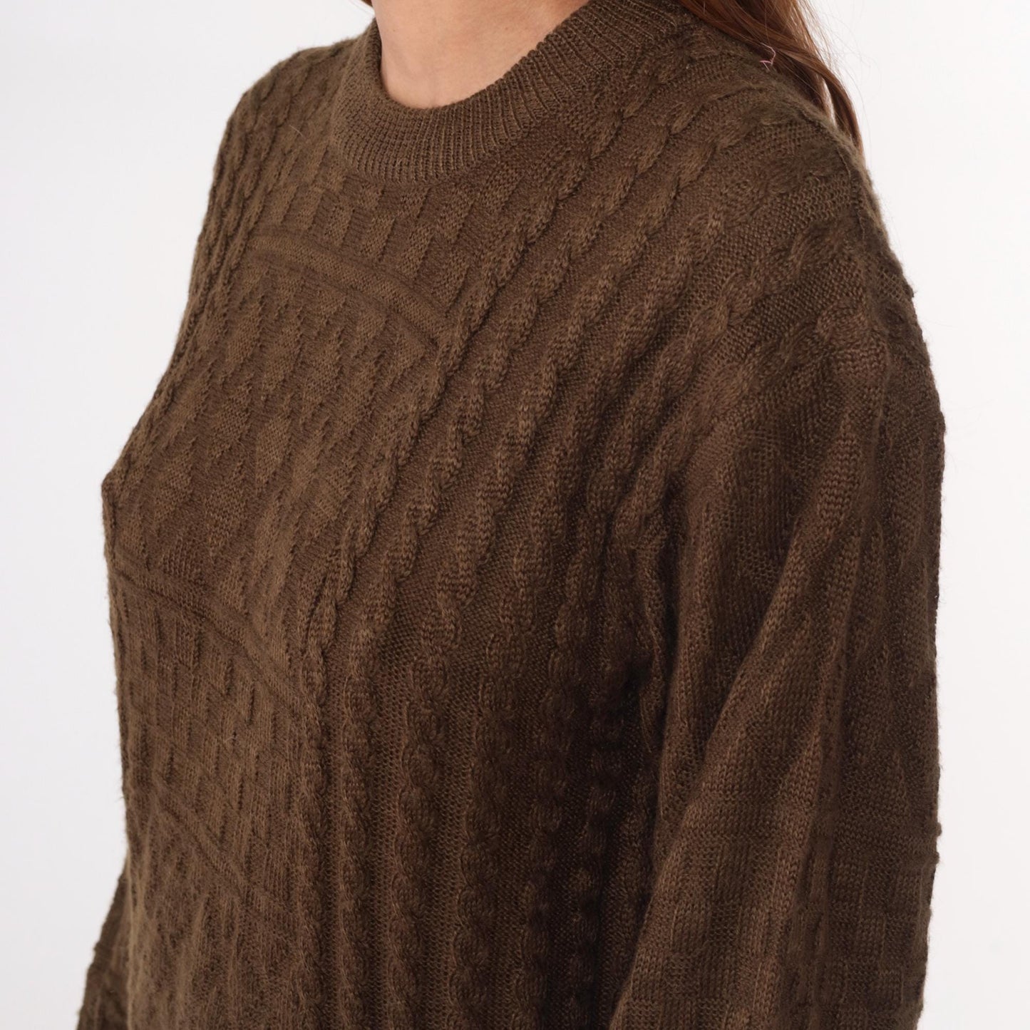 90s Wei Wah Brown Cable Knit Crewneck Pullover Sweater Large L