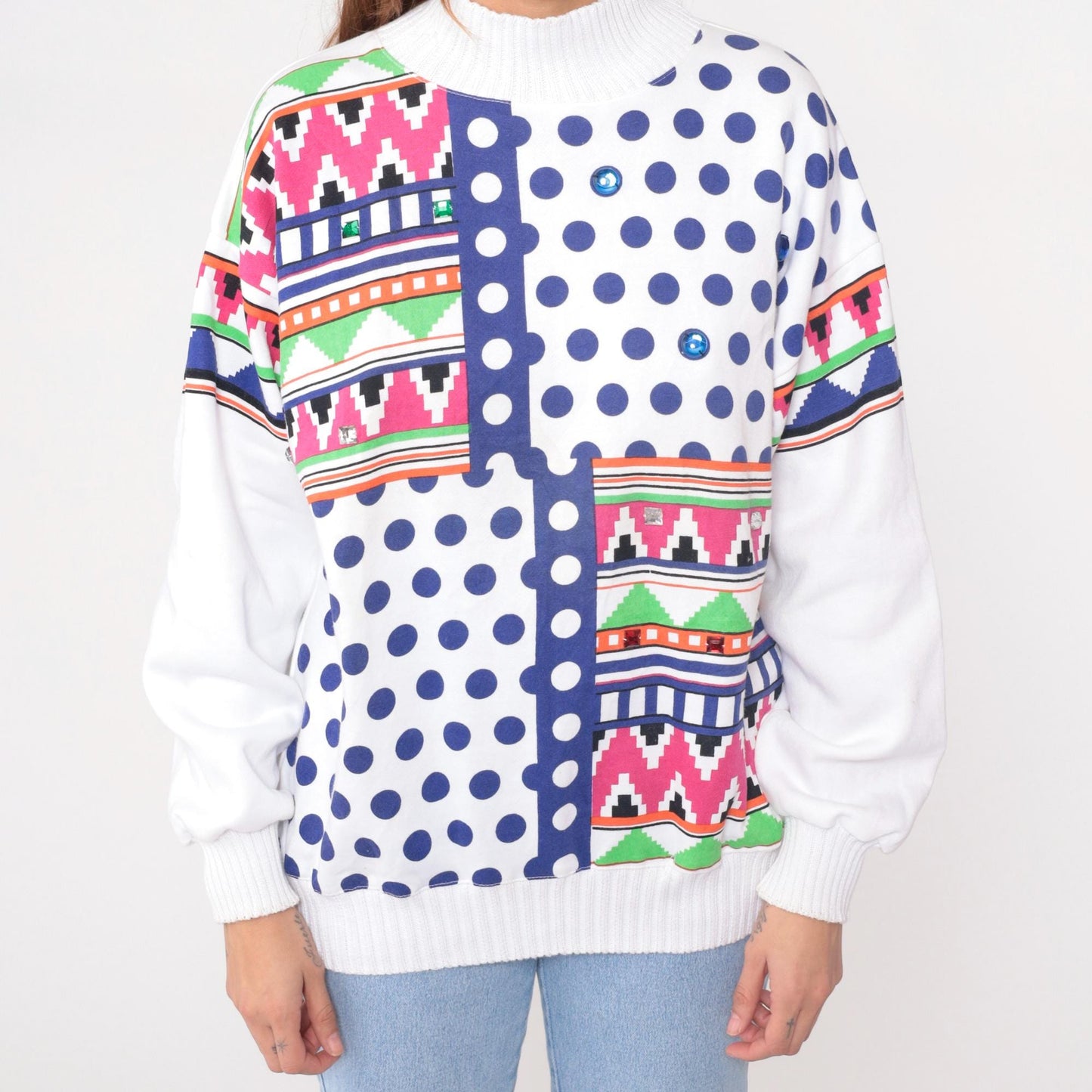 90s Architect Geometric Sweatshirt White Multicolor Tribal Print Medium M