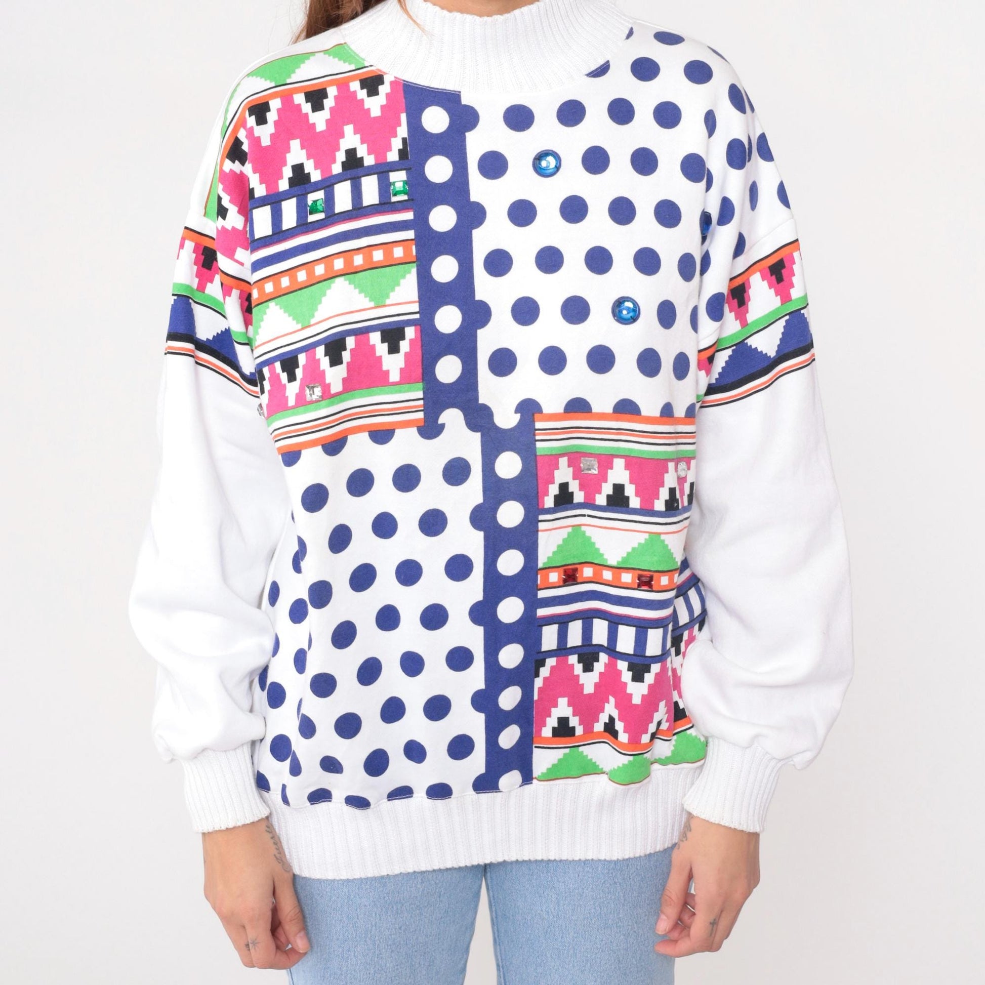 90s Architect Geometric Sweatshirt White Multicolor Tribal Print Medium M