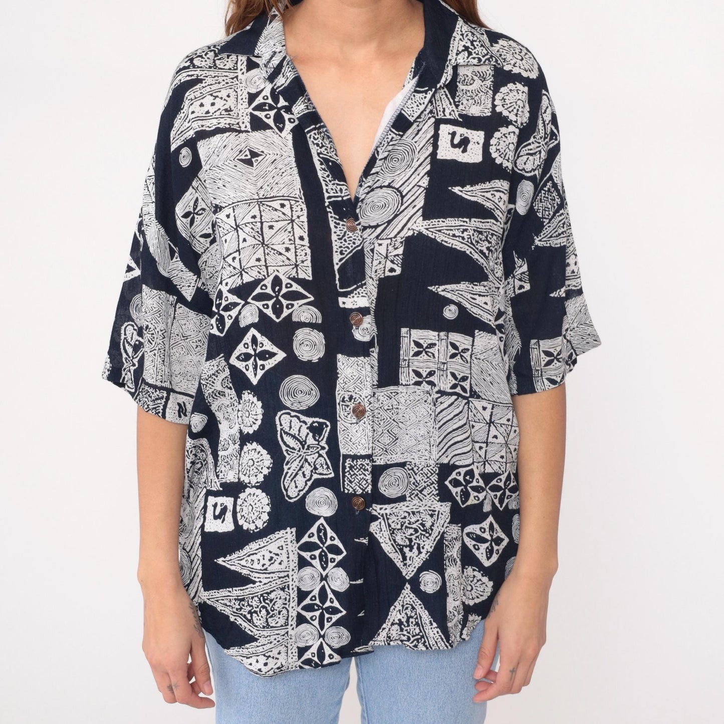 90s Michele Leslie Geometric Abstract Button Shirt Black White Rayon Large L