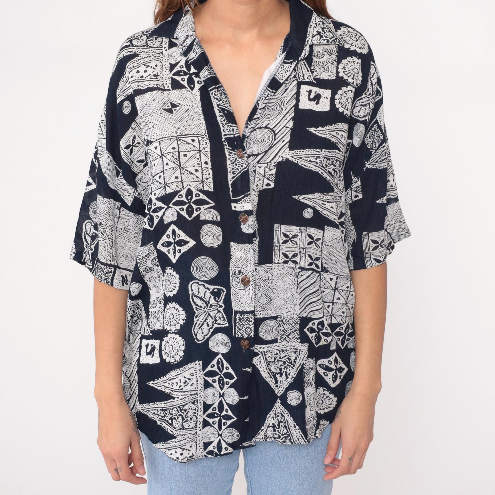 90s Michele Leslie Geometric Abstract Button Shirt Black White Rayon Large L