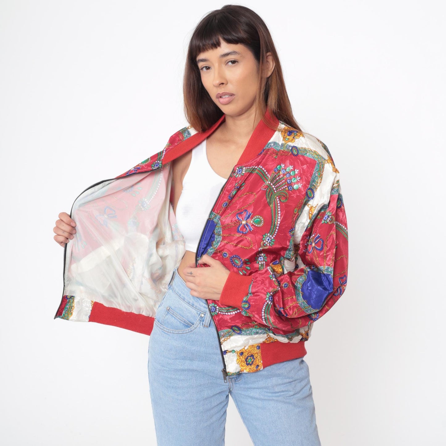 90s Red Bomber Jacket Medallion Paisley Print Windbreaker Large L