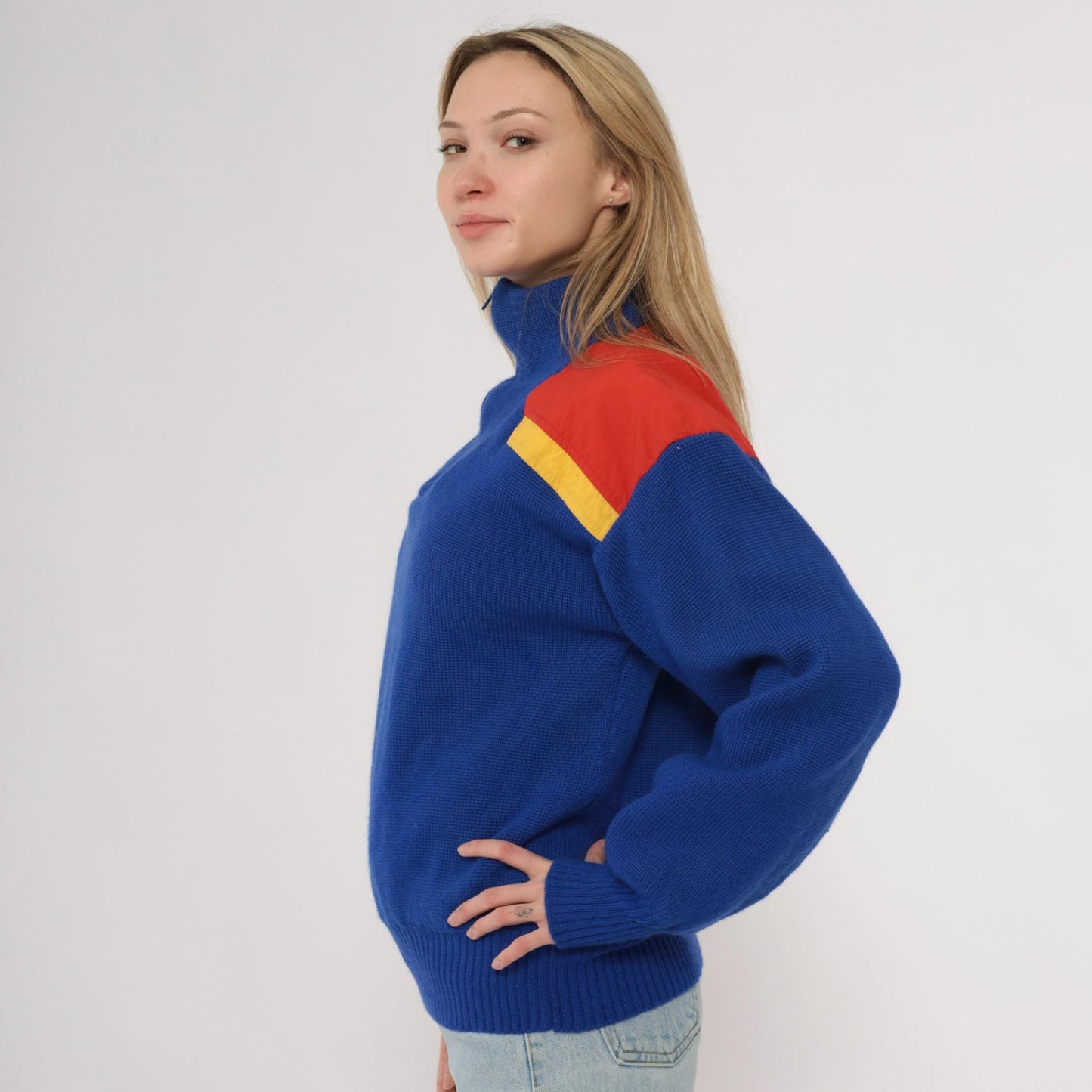 80s Slalom Colorblock Half Zip Wool Sweater Blue Red Yellow Men's Small