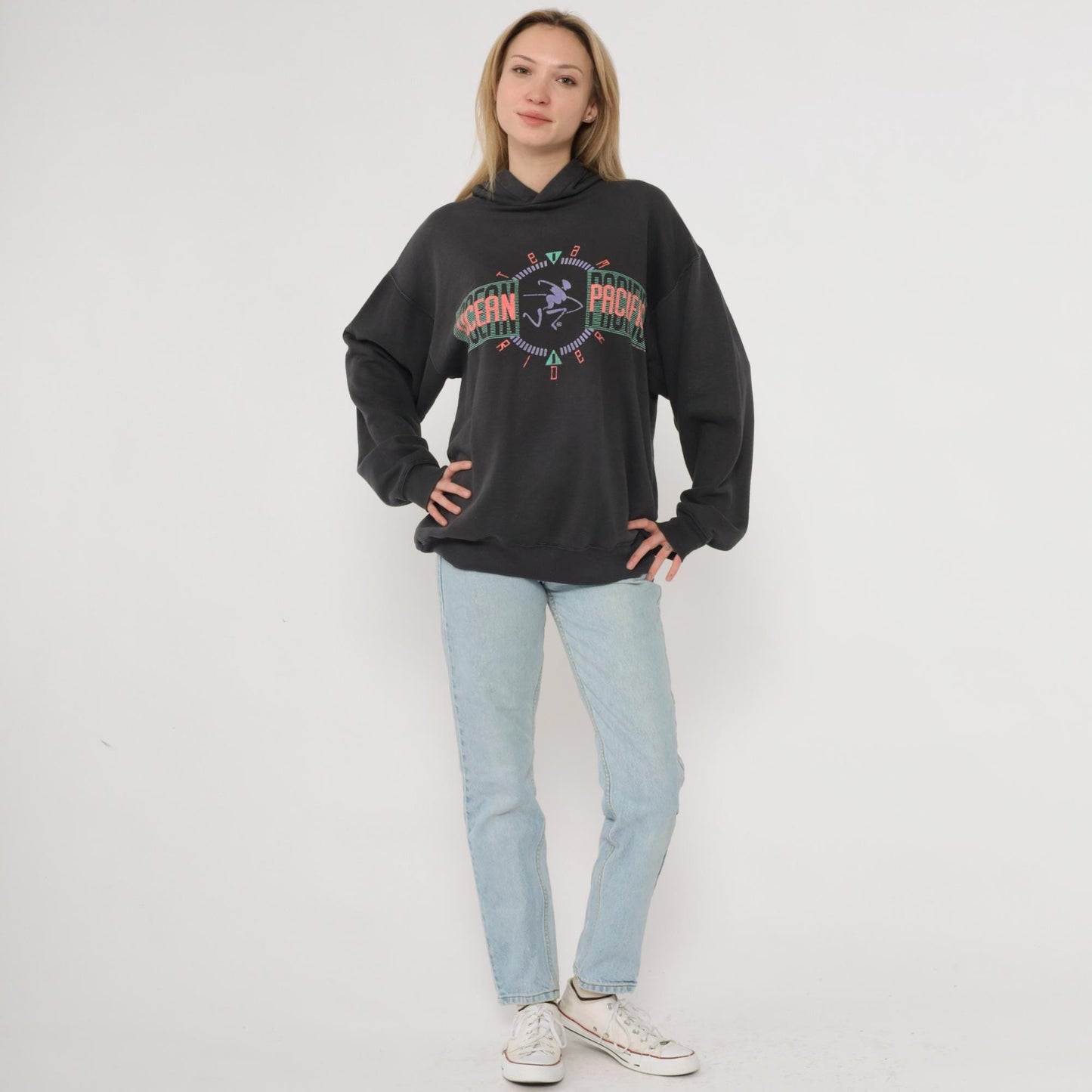 90s Ocean Pacific Black Hoodie Multicolor Graphic Surfer Pullover Large L
