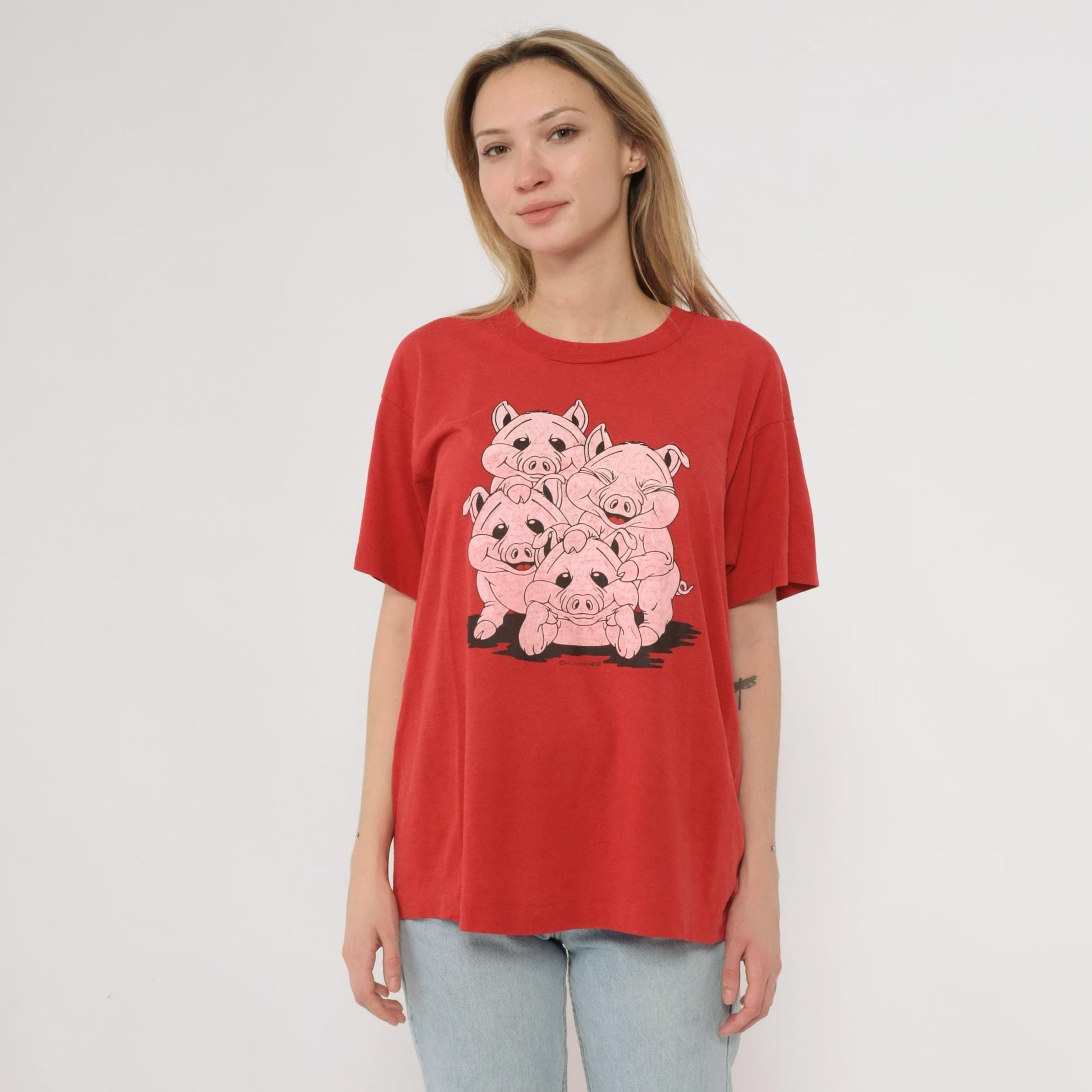 90s Screen Stars Piggies Graphic Tee Red Cartoon Pigs Cotton Large L