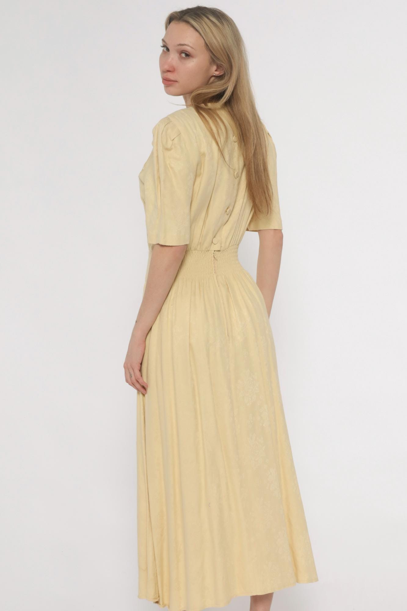 90s Karin Stevens Yellow Maxi Dress Embroidered Lace Smocked Waist Small