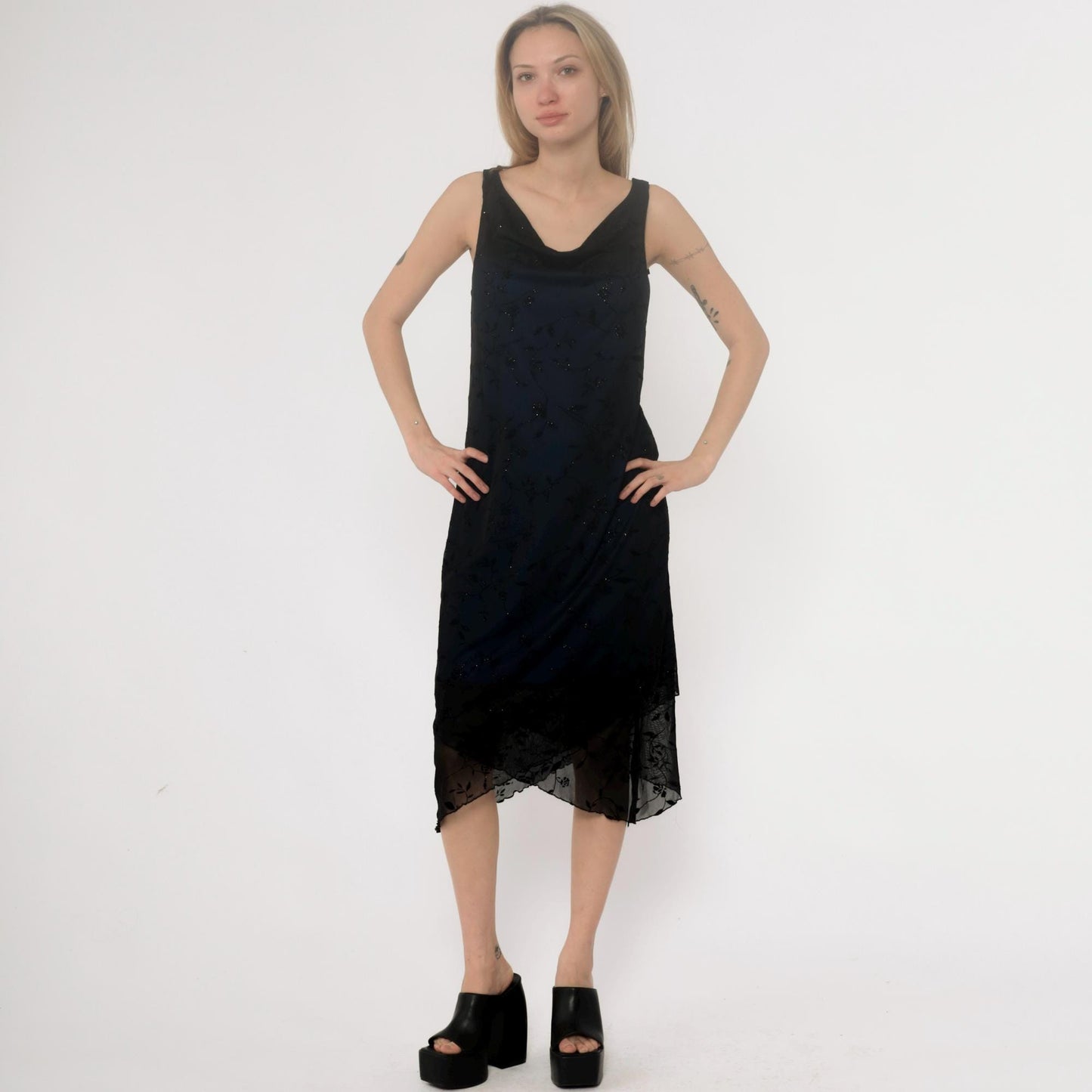 Y2K Black Slip Dress Sparkle Floral Cutout Back Strappy Large L