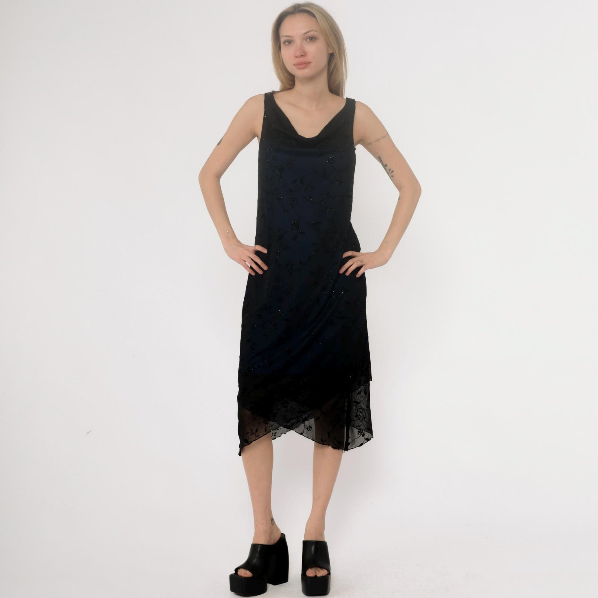 Y2K Black Slip Dress Sparkle Floral Cutout Back Strappy Large L