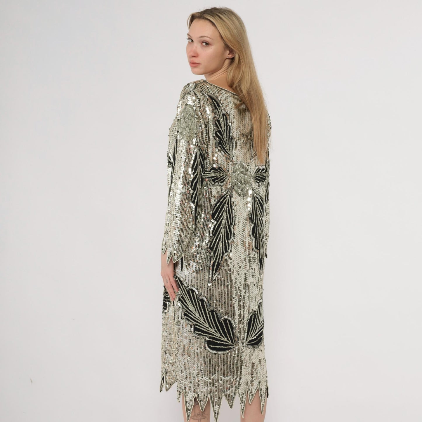 90s Silver Sequin Midi Dress Art Deco Leaf Pattern Silk V-Neck Long Sleeve Medium M