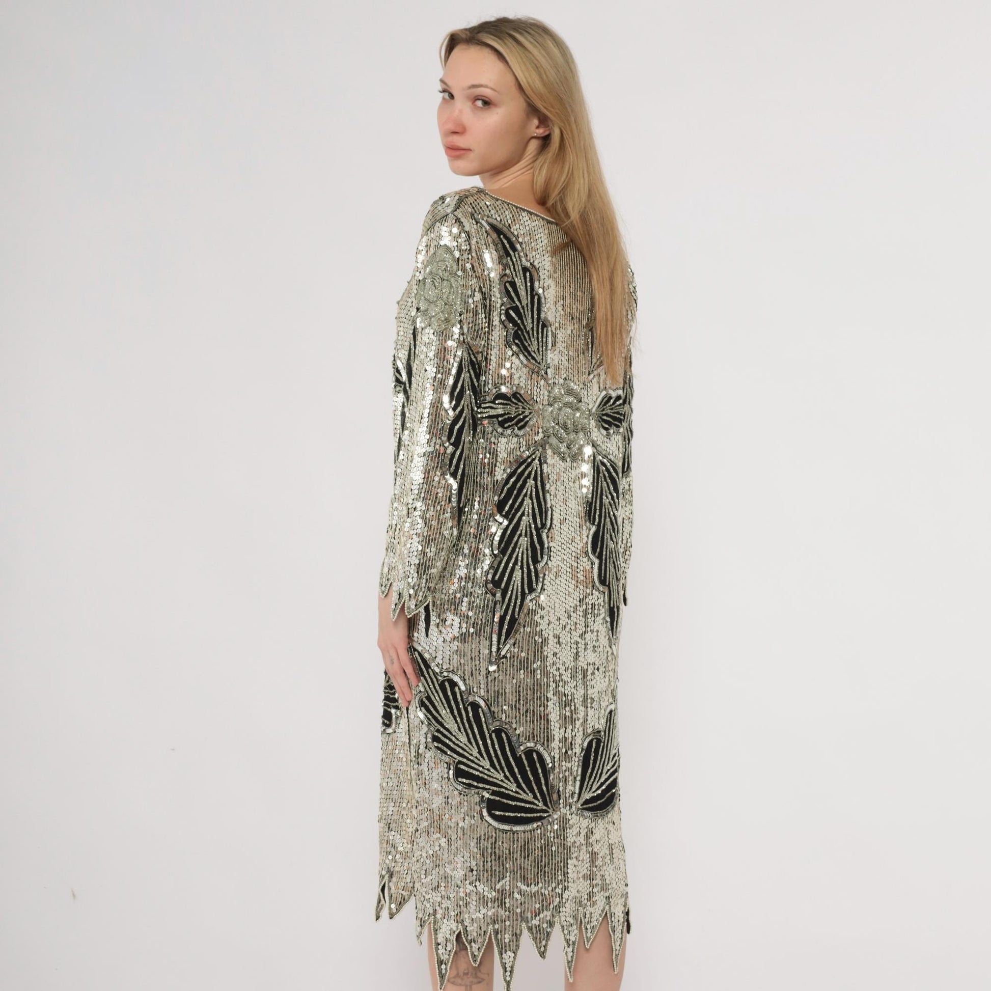 90s Silver Sequin Midi Dress Art Deco Leaf Pattern Silk V-Neck Long Sleeve Medium M