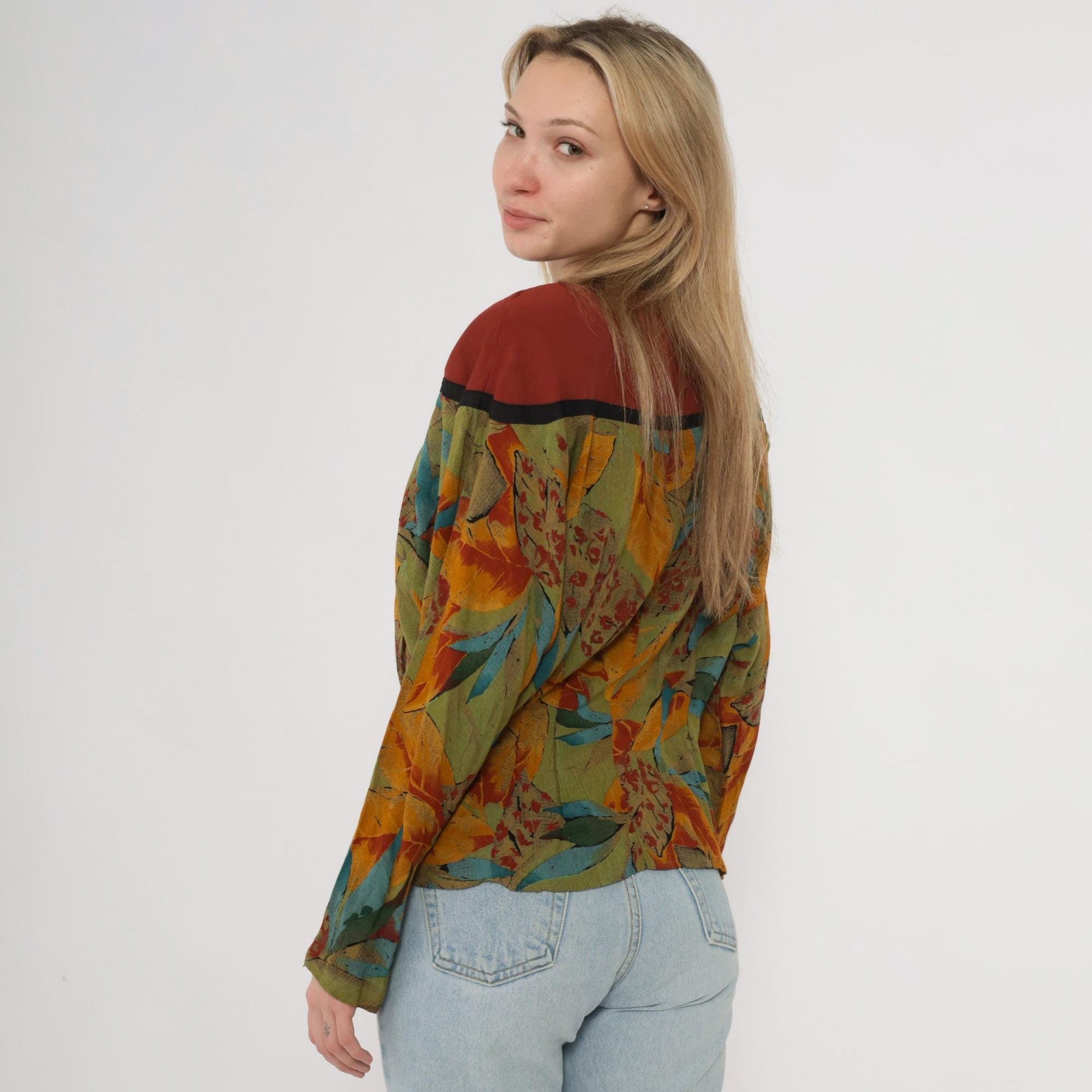 90s Colorblock Leaf Print Button-Up Shirt Rust Olive Yellow Medium