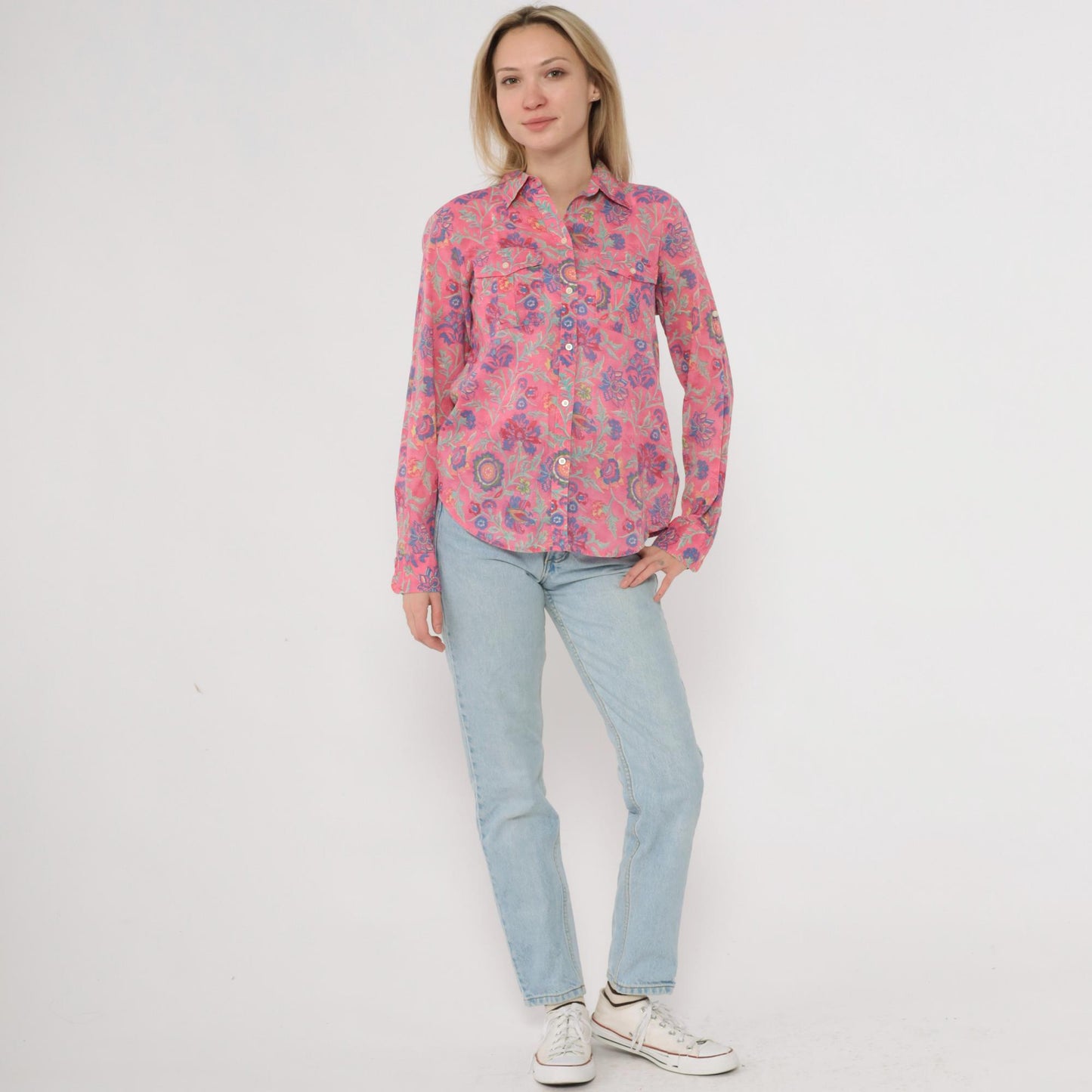 90s Ralph Lauren Floral Button-Up Shirt Pink Botanical Paisley Cotton Small S