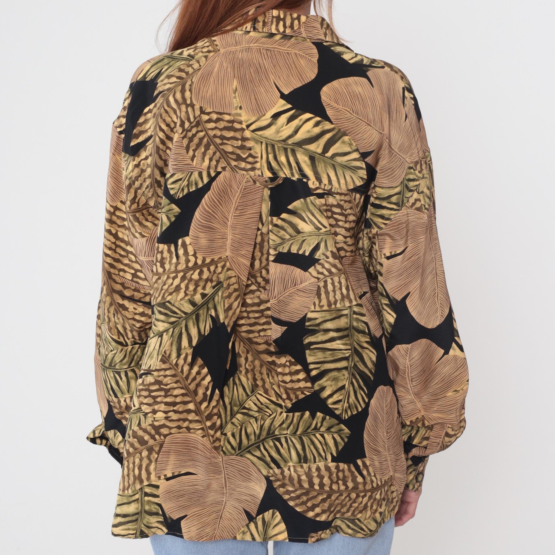 90s Liz Claiborne Silk Blouse Tropical Leaf Print Black Brown Gold Medium