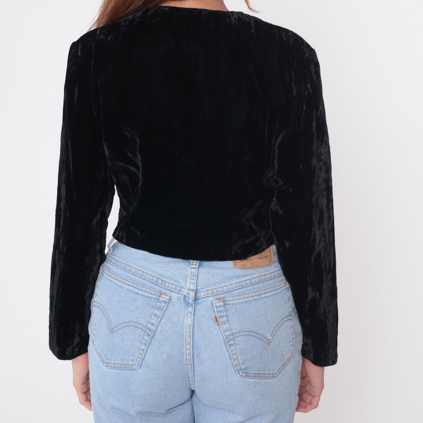 90s Black Velvet Cropped Jacket Button Front Round Neck Small S