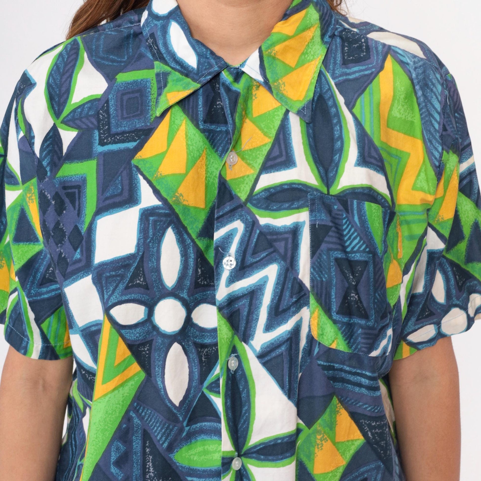 70s Hawaiian Shirt Geometric Abstract Print Button Front Cotton Blue Green Large