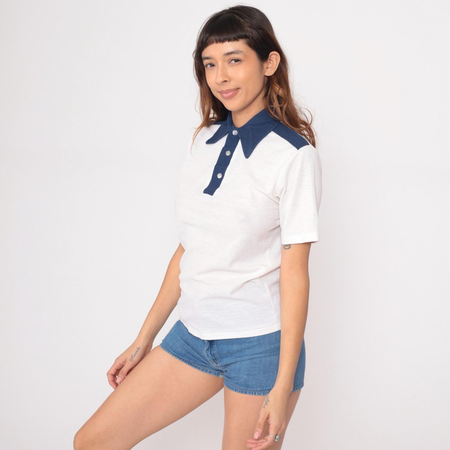 70s Macy's Pro Shop Polo Shirt White Navy Collar Stripes Medium M