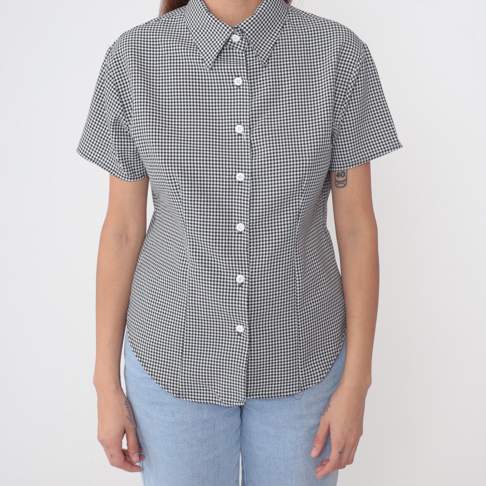 90s Black White Gingham Button-Up Shirt Short Sleeve Collared Blouse Large