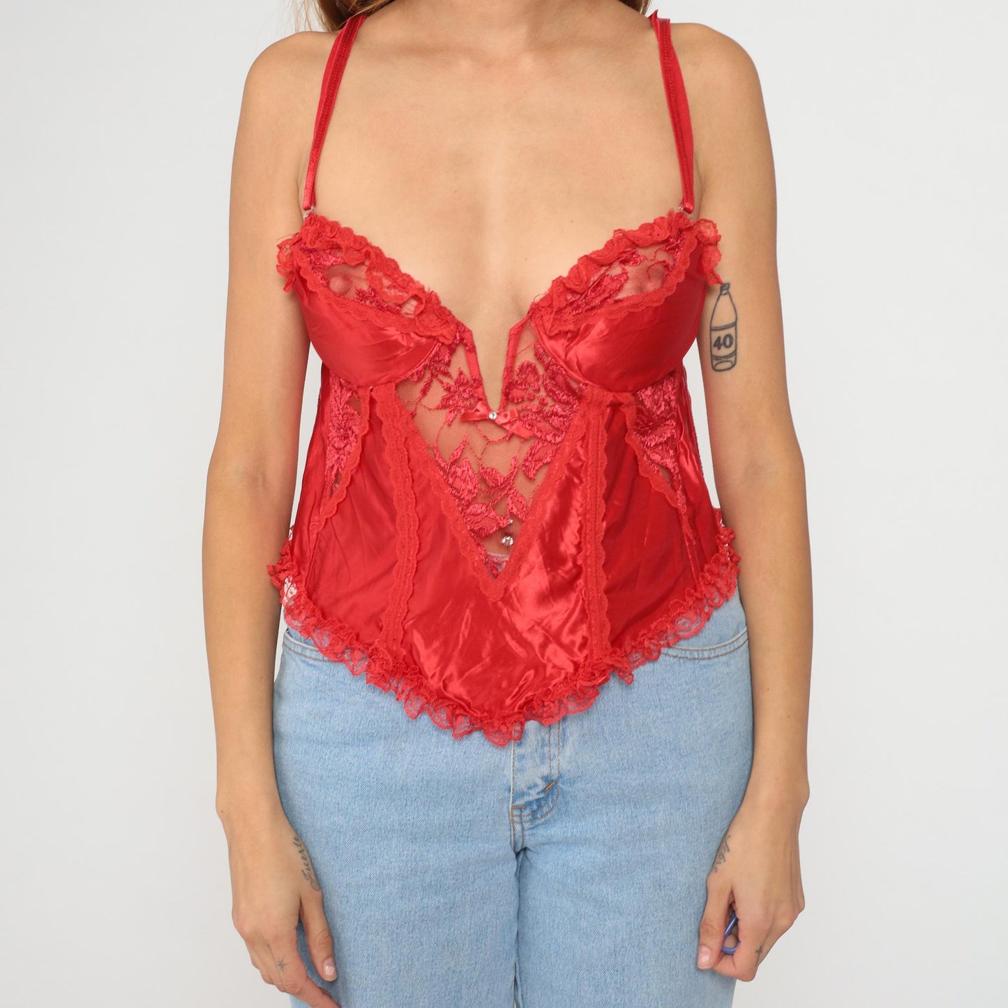 90s Fredericks of Hollywood Red Lace Camisole V-Neck Spaghetti Strap Medium