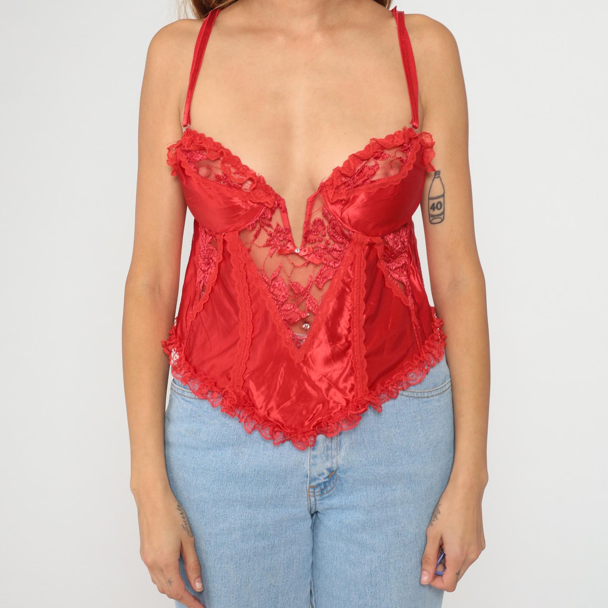 90s Fredericks of Hollywood Red Lace Camisole V-Neck Spaghetti Strap Medium