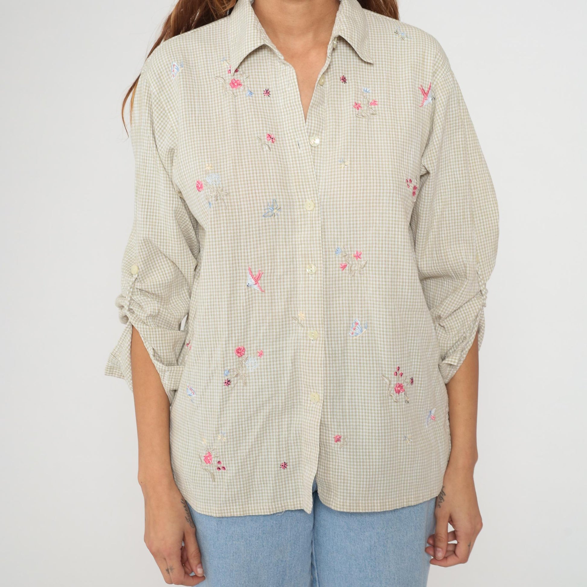 90s Koret Francisca Gingham Floral Embroidered Cotton Blouse Sage Green Small