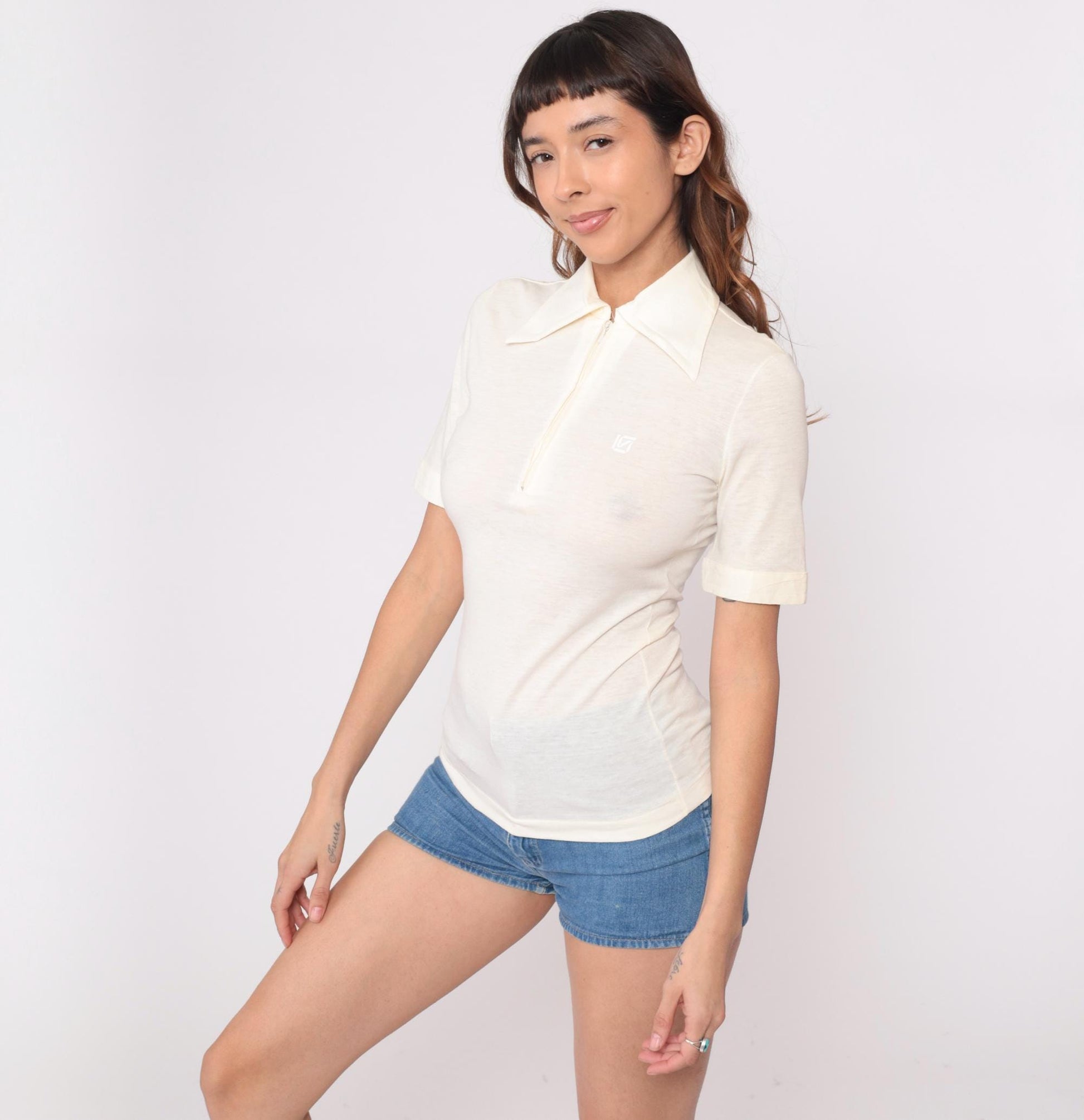 70s Cream Polo Shirt Half-Zip Pointed Collar Short Sleeve Small S