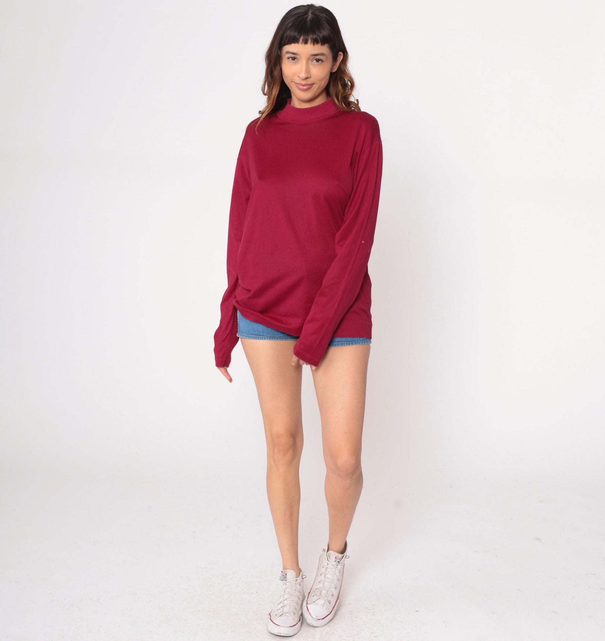 70s Burgundy Mock Neck Pullover Long Sleeve Knit Top Large L