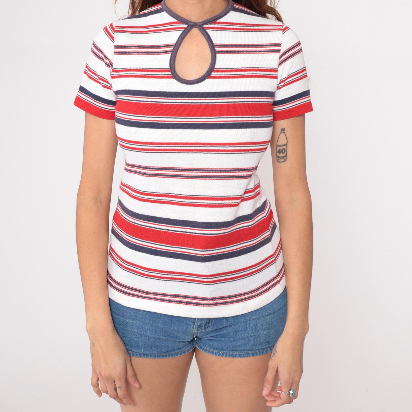 60s Carol Brent Striped Knit Top Red White Navy Keyhole Cutout Small