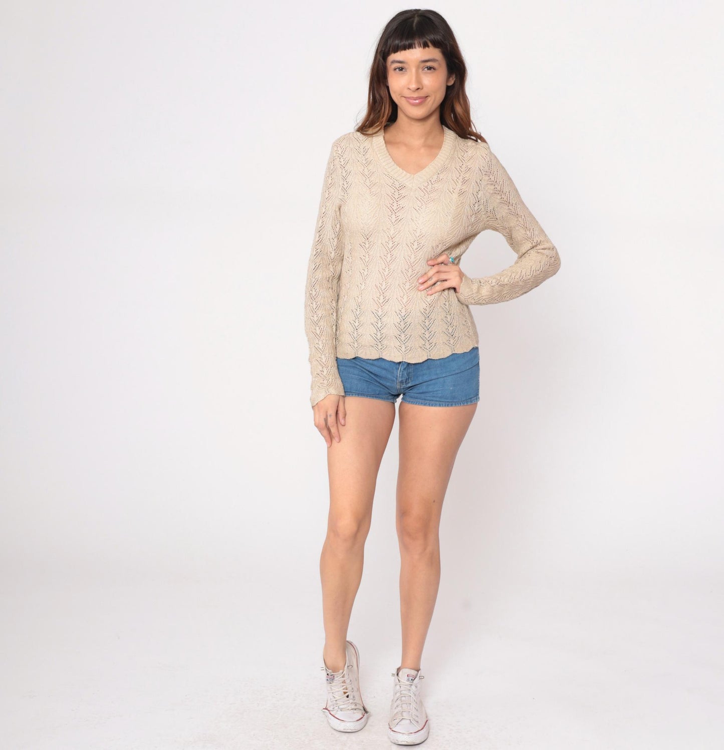 80s Vivanti Pointelle Sweater Cream Cotton V-Neck Chevron Knit Medium M