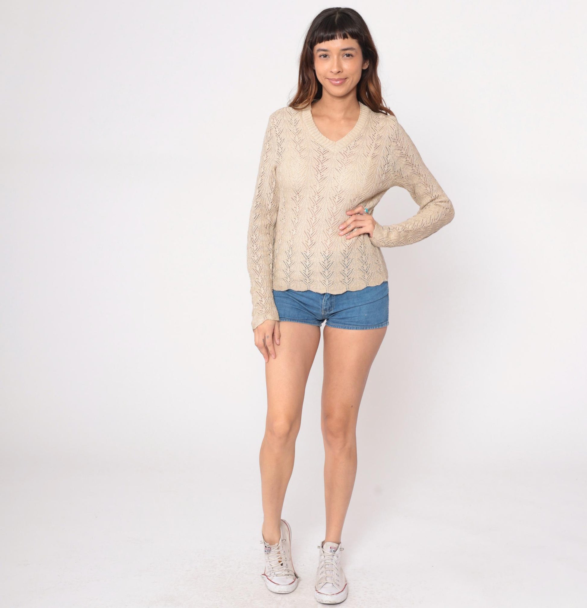 80s Vivanti Pointelle Sweater Cream Cotton V-Neck Chevron Knit Medium M