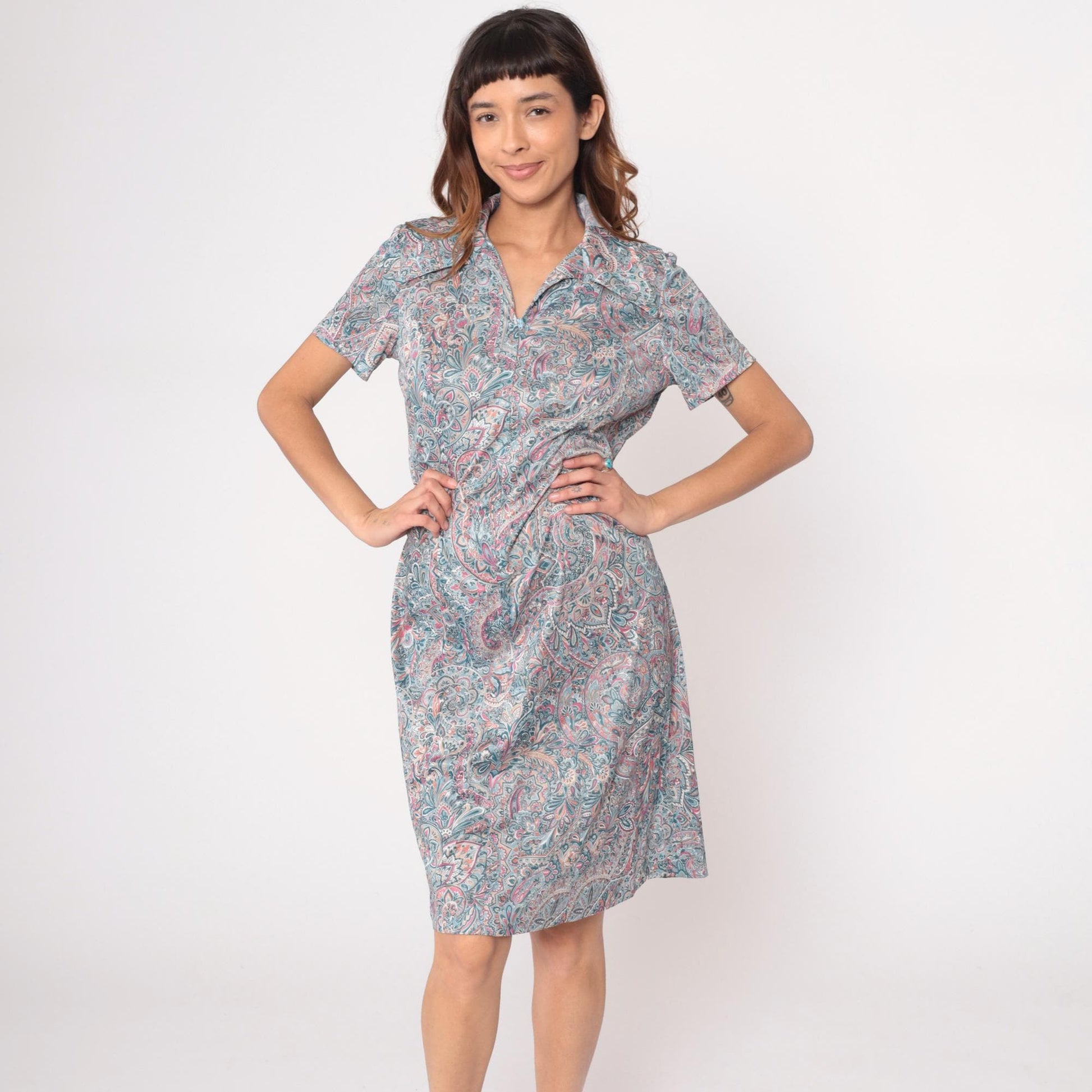 70s Paisley Zipper Front Dress Collared A-Line Blue Pink Cream Large L