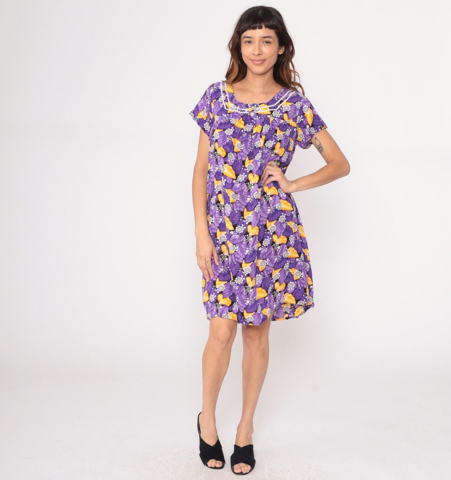 80s Purple Floral Rayon Shift Dress Rickrack Trim Yellow Flowers Large