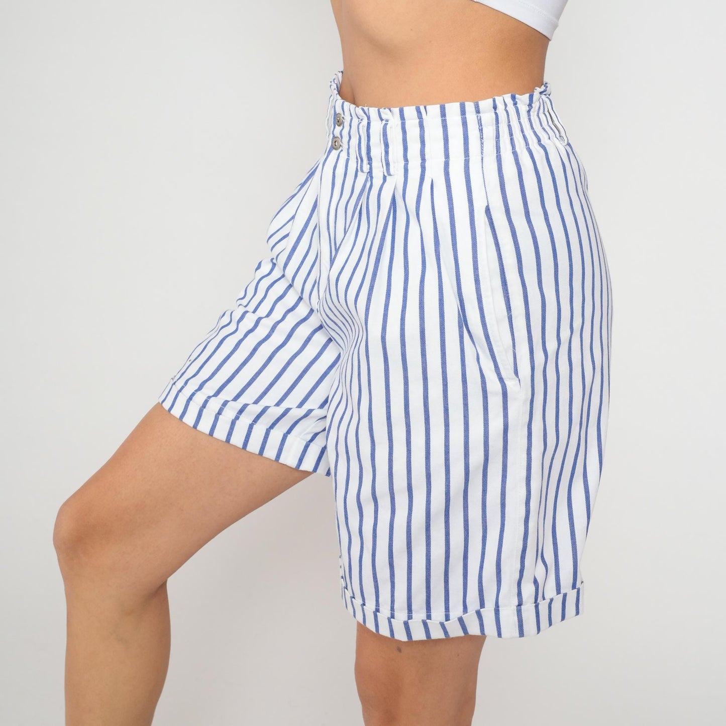 90s Liz Sport High-Waisted Striped Shorts Blue White Cotton Small
