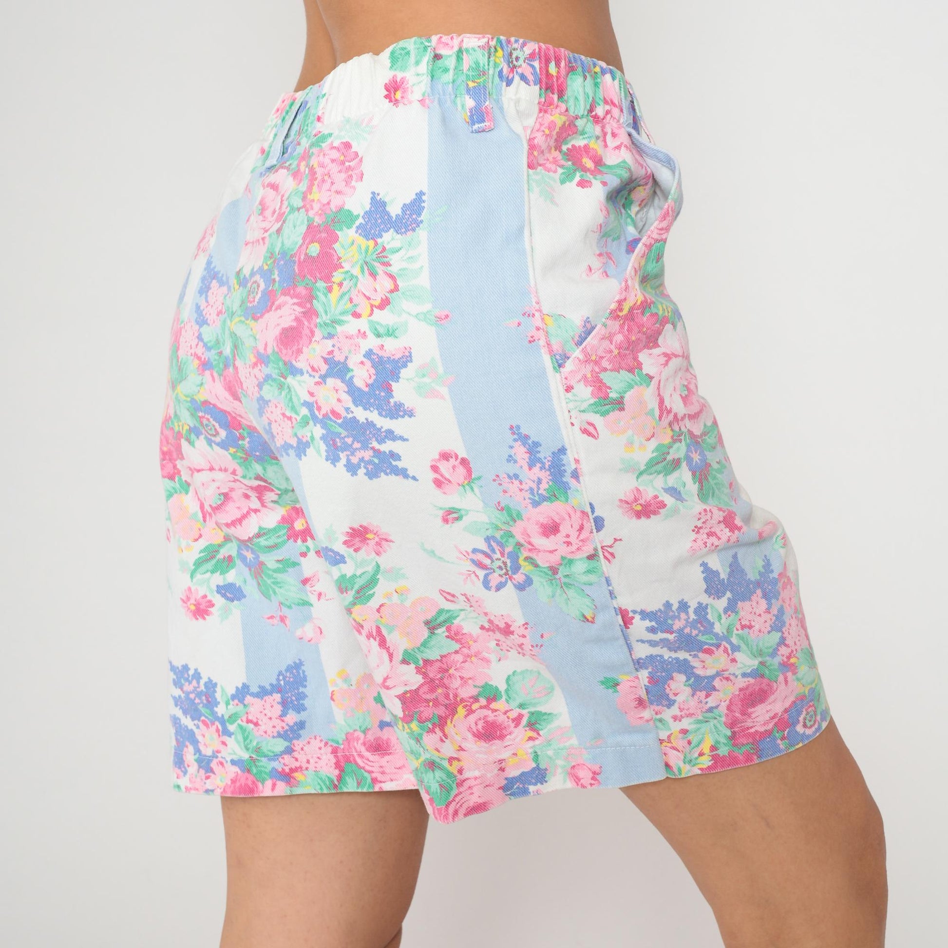 90s Vivaldi Floral Shorts High Waisted Pink Blue Cotton Pockets Medium