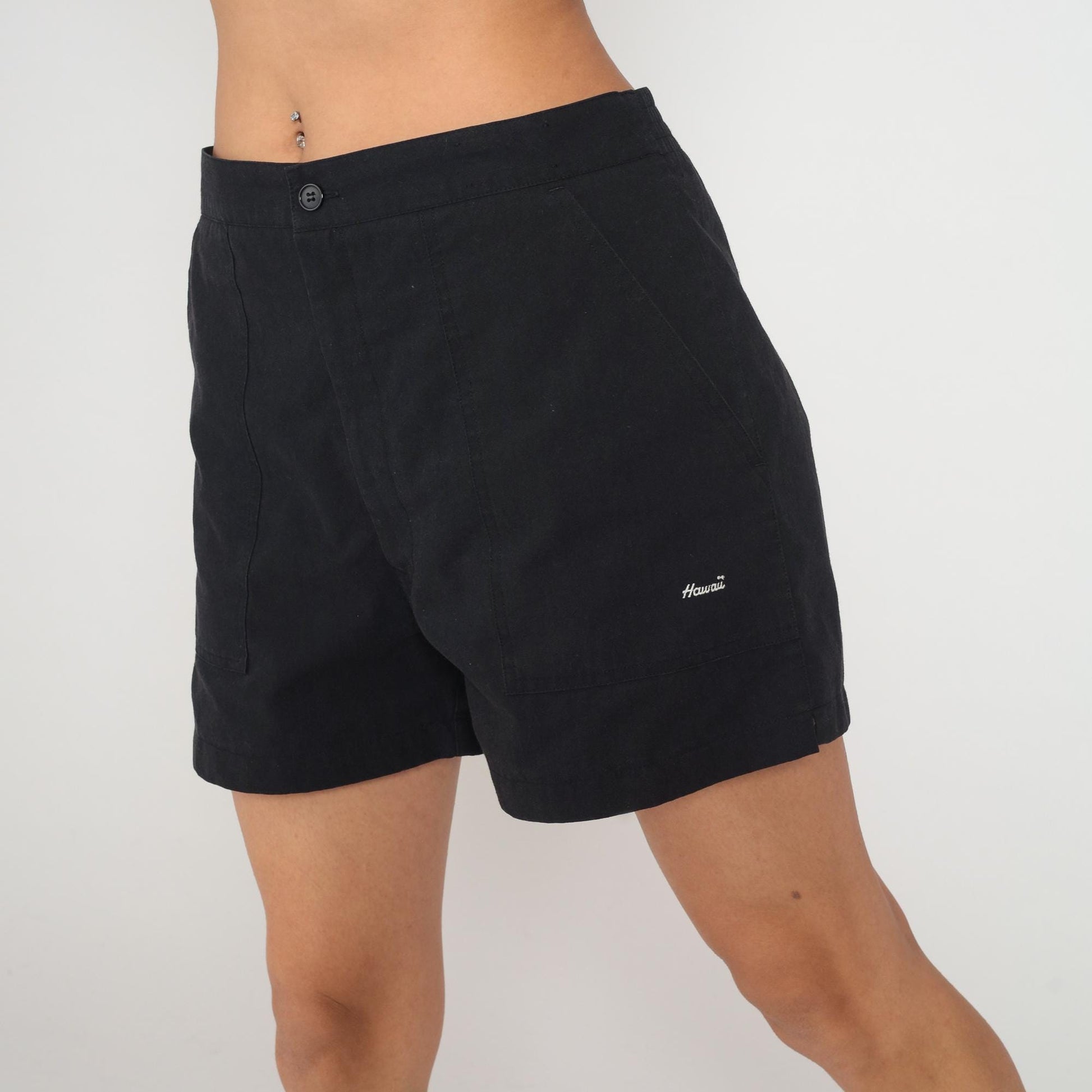 90s Sea Waves Hawaii Black Shorts Button Front High Rise Cotton Large
