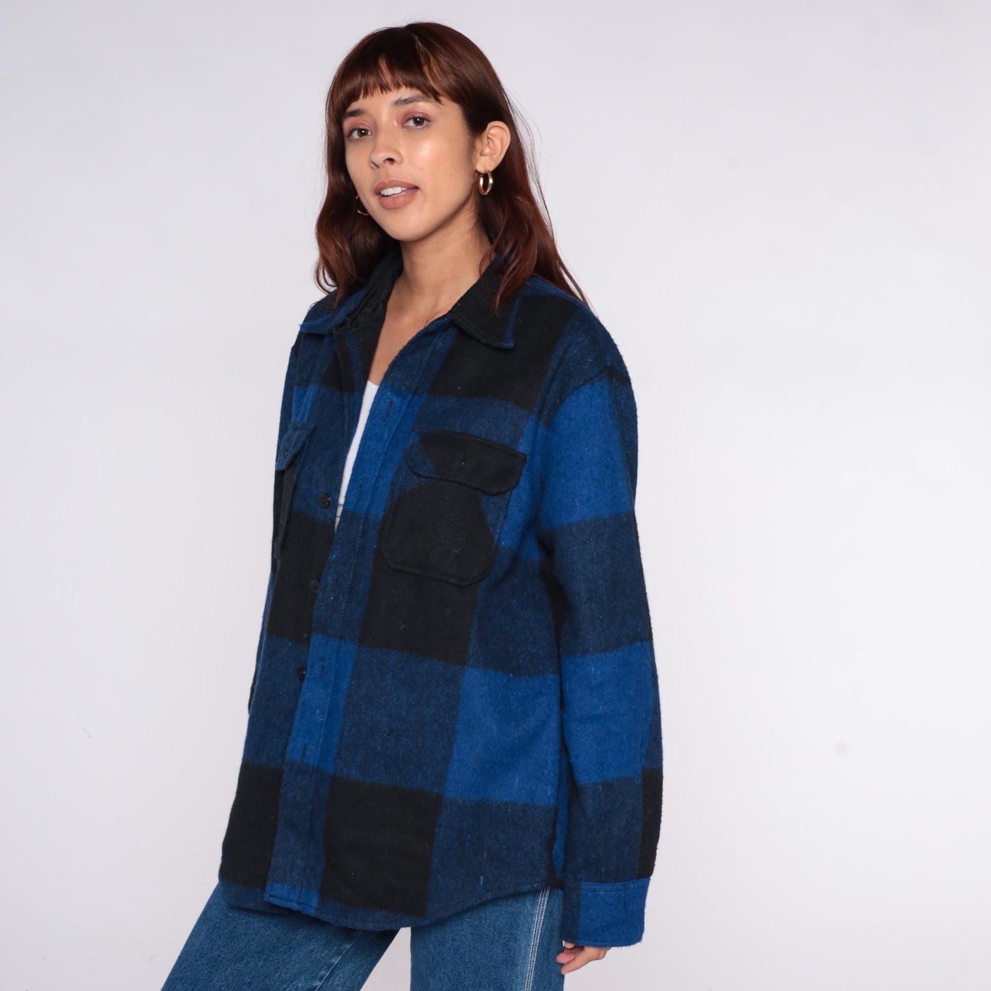 70s Bronzini Buffalo Plaid Flannel Shirt Wool Blend Blue Black Large